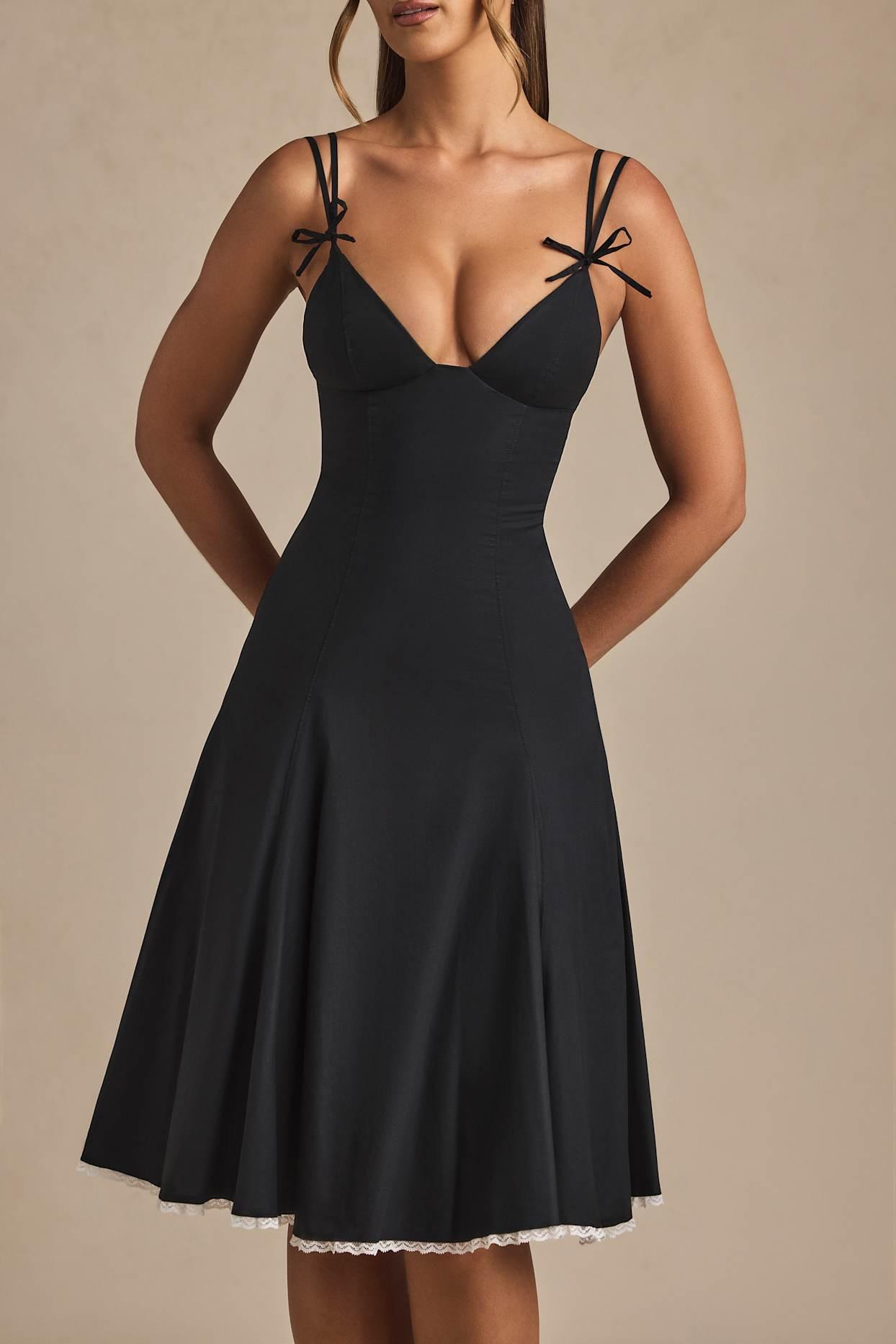 Bow-Detail Lace-Trim A-Line Midi Dress in Black Product Image