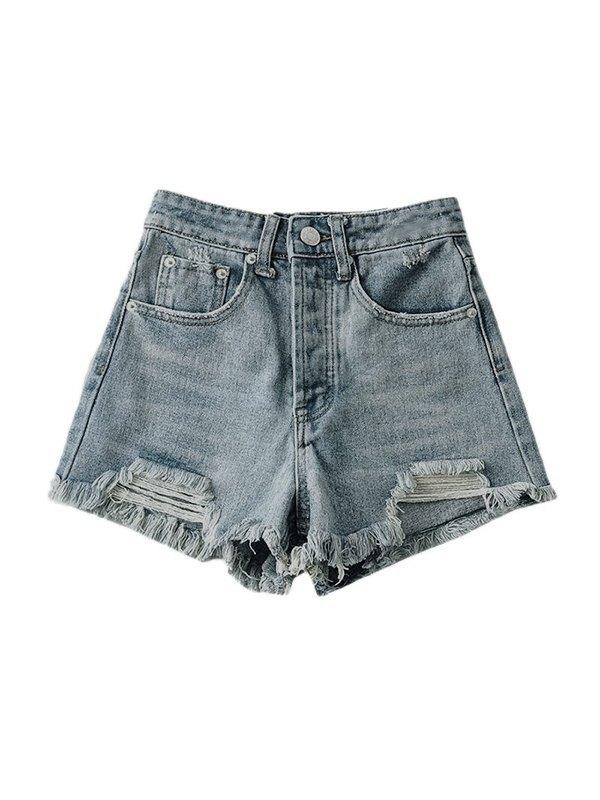Raw Hem Distressed Denim Shorts Product Image