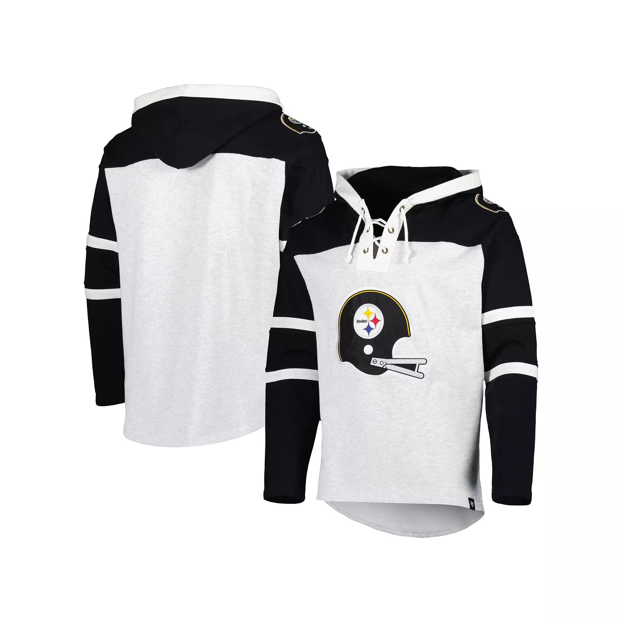 Men's '47 Pittsburgh Steelers Heather Gray Historic Logo Gridiron Lace-Up Pullover Hoodie,  Product Image