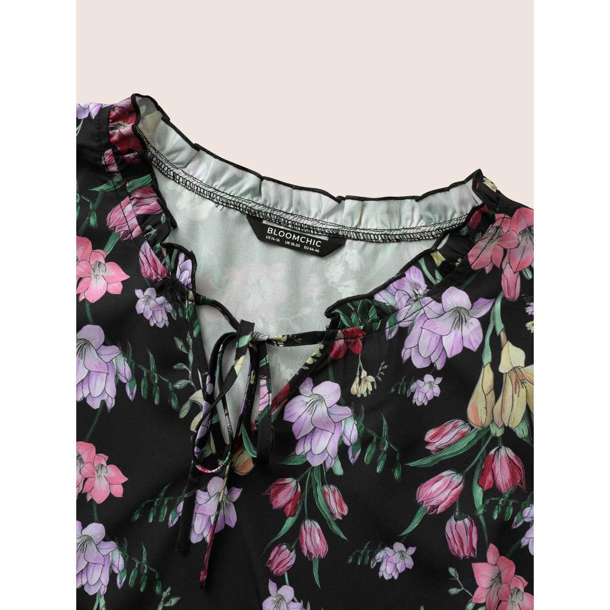 Plus Size Black Boho Print Tie Neck Frill Trim Blouse Women Elegant Elbow-length sleeve Notched collar Everyday Blouses BloomChic 14-16/1X Product Image