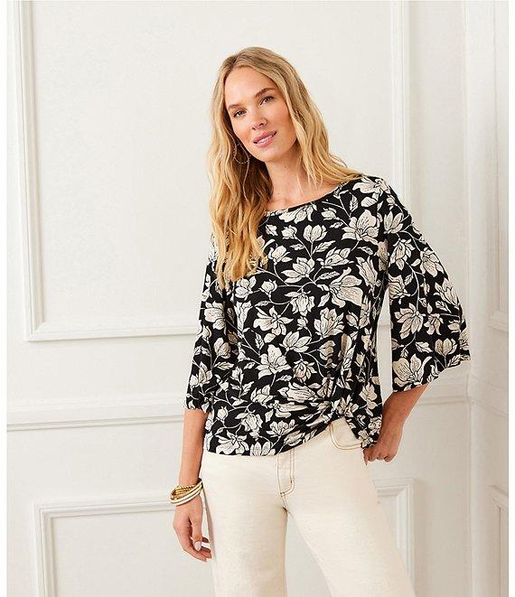 Karen Kane Petite Size Floral Boat Neck 3/4 Flare Sleeve Side Pick-Up Hem Top Product Image