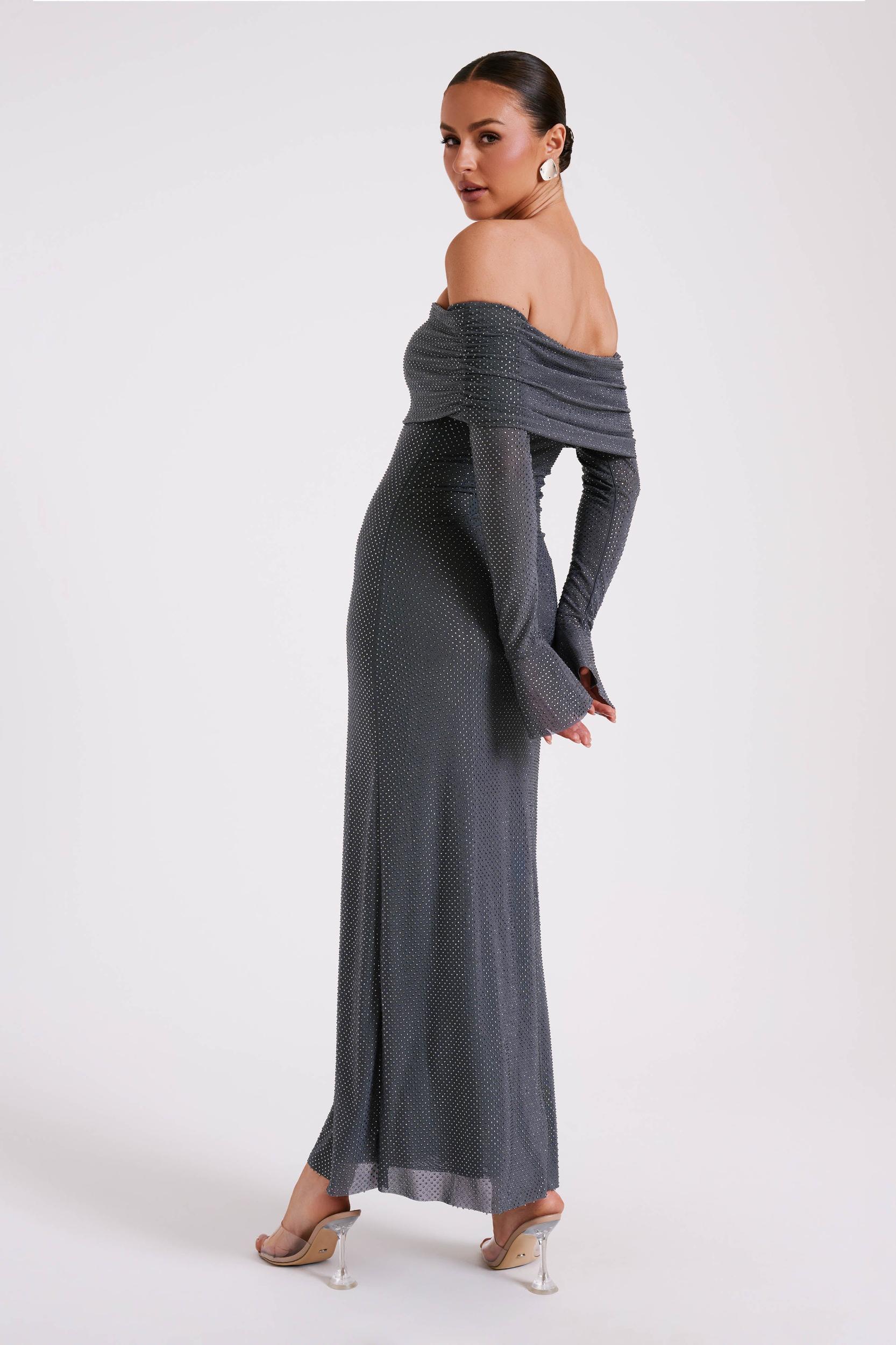 Marcel Off Shoulder Diamante Maxi Dress - Gunmetal Product Image