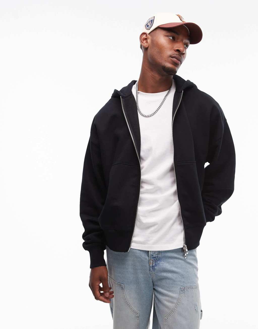 Topman premium heavyweight oversized full zip hoodie in black Product Image