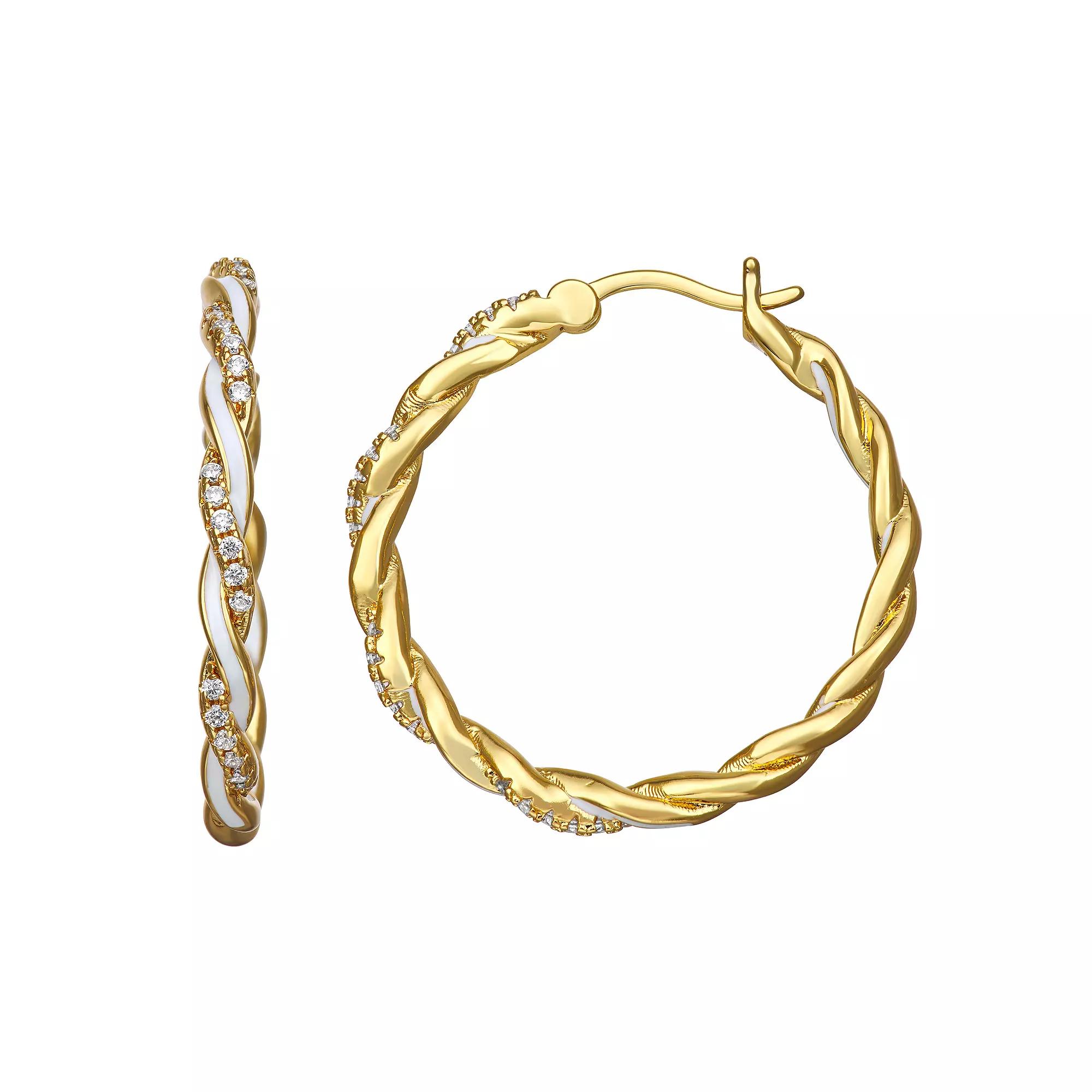 Gold-Tone Cubic Zirconia with White Enamel Twist Hoop Earrings, Women's, Gold Tone Product Image