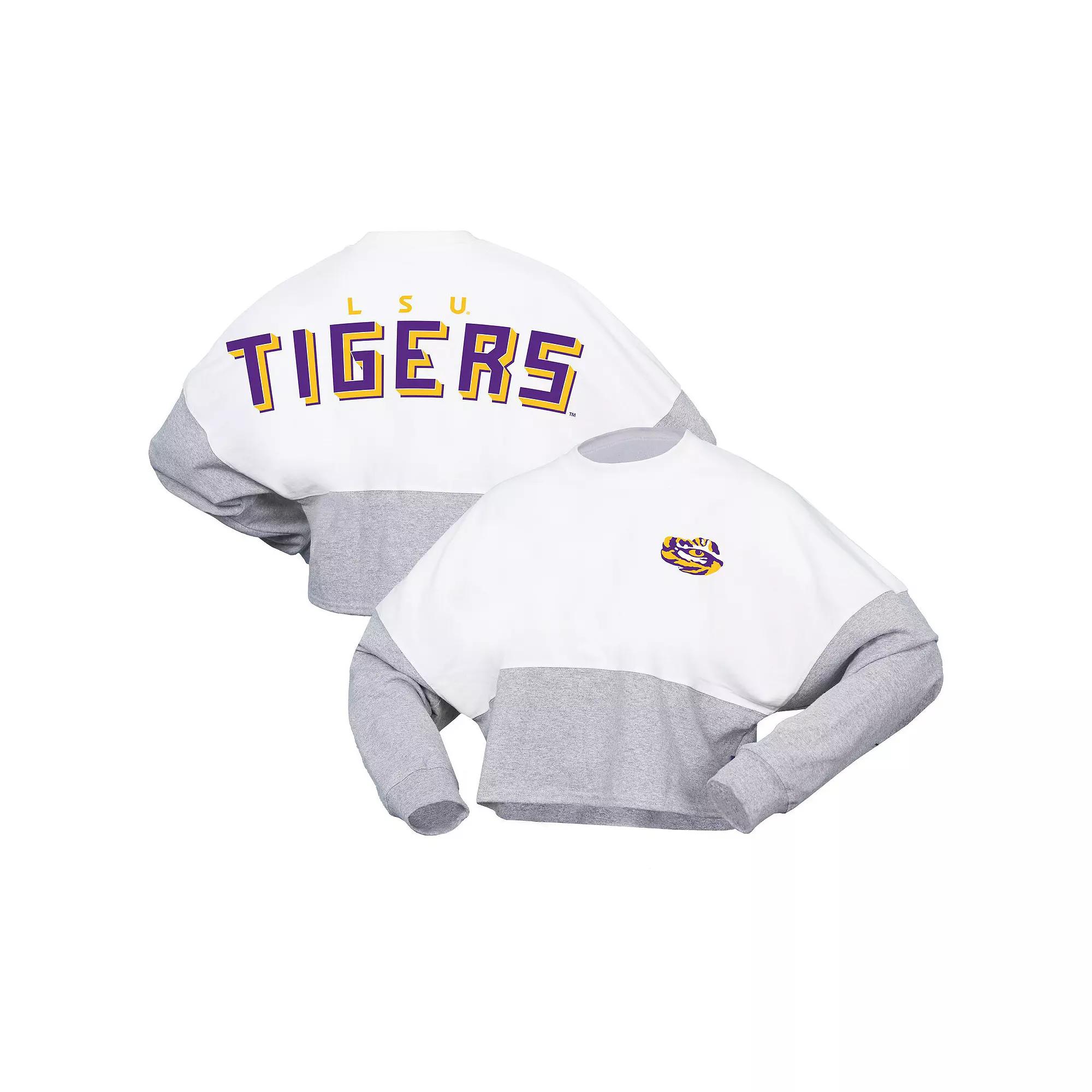 Women's Spirit Jersey White LSU Tigers Heather Block Cropped Long Sleeve Jersey T-Shirt,  Product Image