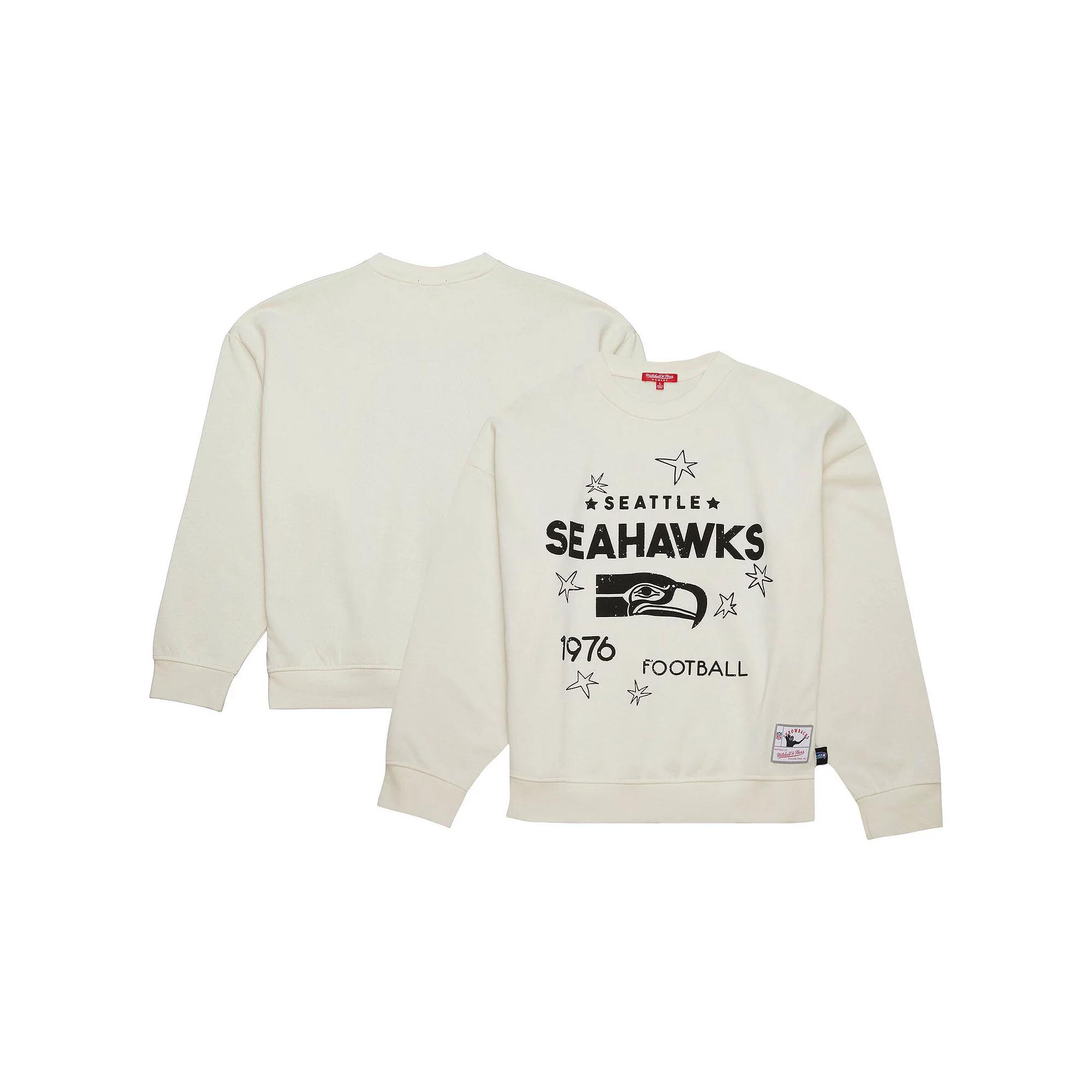 Women's Mitchell & Ness Cream Seattle Seahawks Throwback Logo 3.0 Pullover Sweatshirt,  Product Image