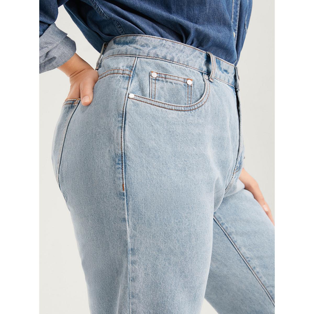 Plus Size Boyfriend Wide Leg Non Stretchy High Rise Light Wash Distressed Jeans Women LightBlue Casual Plain Distressed No stretch Pocket Jeans BloomChic 20/2X Product Image