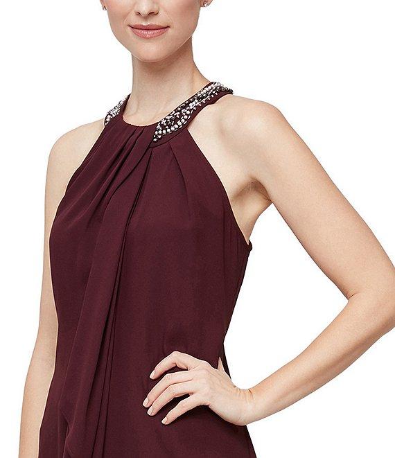 Ignite Evenings Beaded Halter Neck Satin Back Crepe High-Low Ruffle Front Sleeveless Dress Product Image