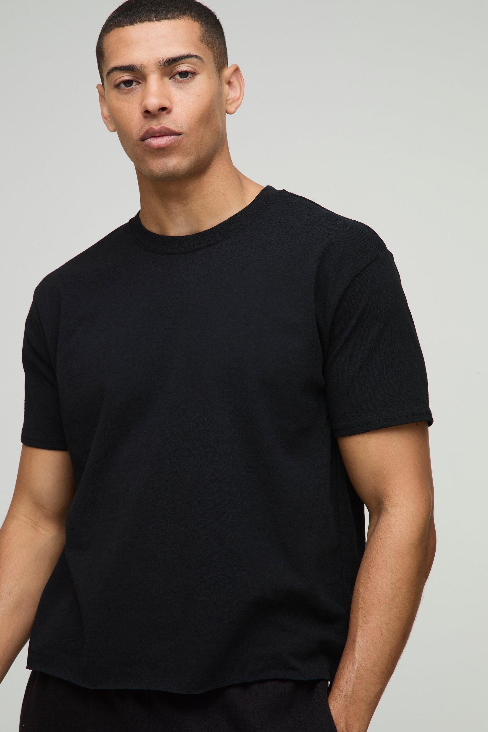 Basic Oversized Boxy Raw Hem Crew Neck T-shirt | boohooMAN USA Product Image