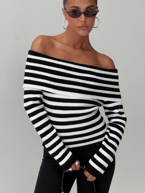Danyel Off The Shoulder Sweater Black / White Stripe Product Image