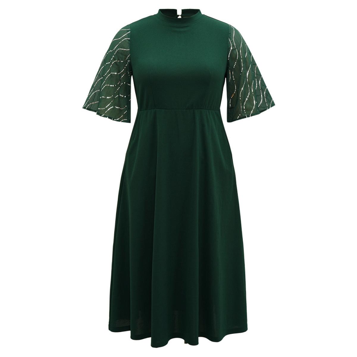 Plus Size Plain Mesh Sequin Patchwork Ruffle Sleeve Dress DarkGreen Women Party Sequin Stand-up collar Short sleeve Curvy Midi Dress BloomChic 14-16/1X Product Image