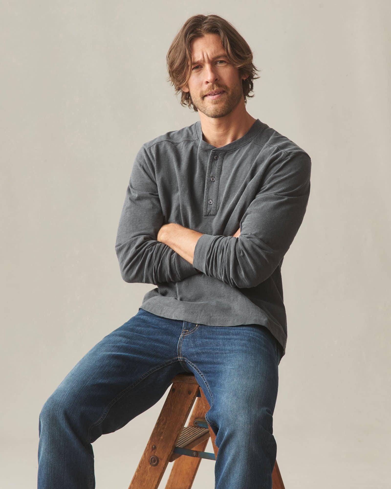 Men's Long Sleeve Broken-In Premium Slub Henley - Washed Black Product Image