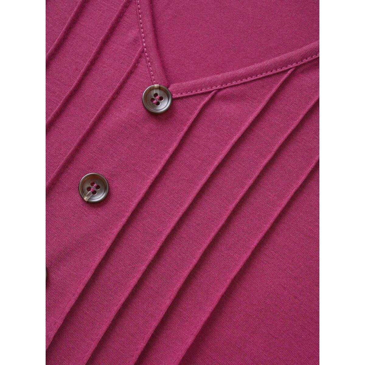 Plus Size Solid Pleated Front Button Detail V Neck T-shirt RedViolet Women Casual Button Plain Everyday T-shirts BloomChic 18-20/2X Product Image