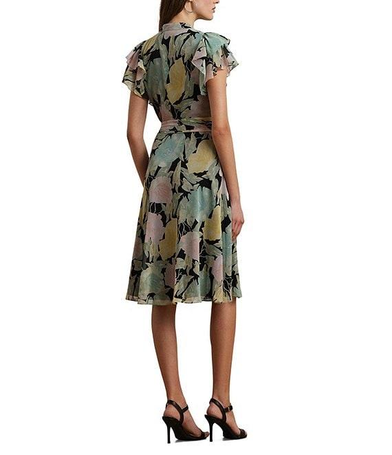 Lauren Ralph Lauren Georgette Floral Print V Neck Short Sleeve Belted Shirt Knee Length Dress Product Image