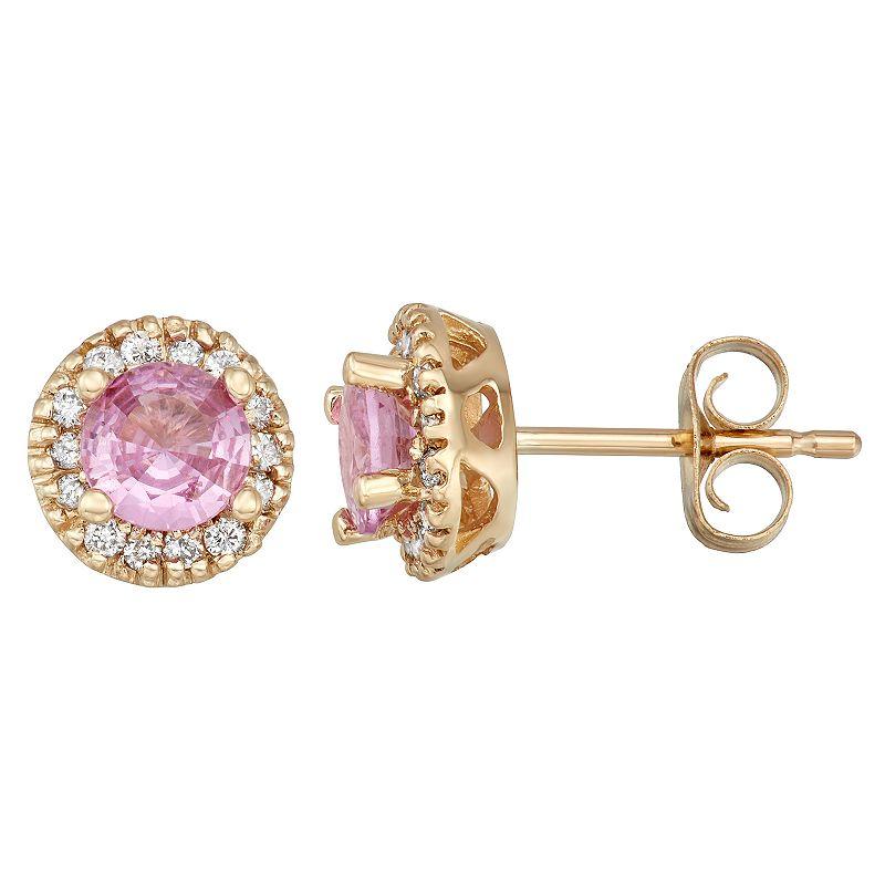 The Regal Collection 14k Gold Pink Sapphire & 1/8 Carat T.W. IGL Certified Diamond Tiered Halo Stud Earrings, Women's, Yellow Product Image