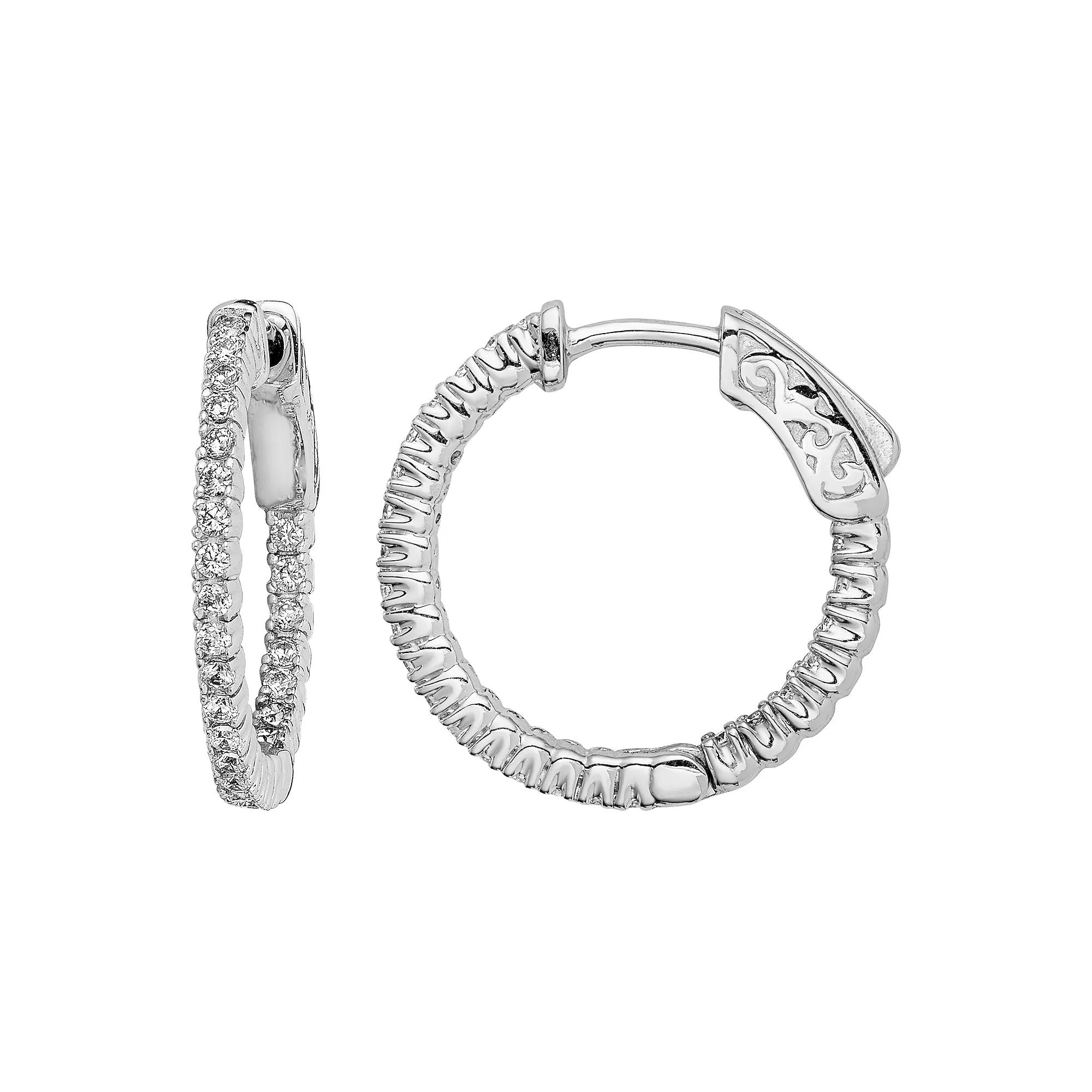 Sterling Shimmer Cubic Zirconia Inside Outside Hinged Hoop Earrings, Women's Product Image