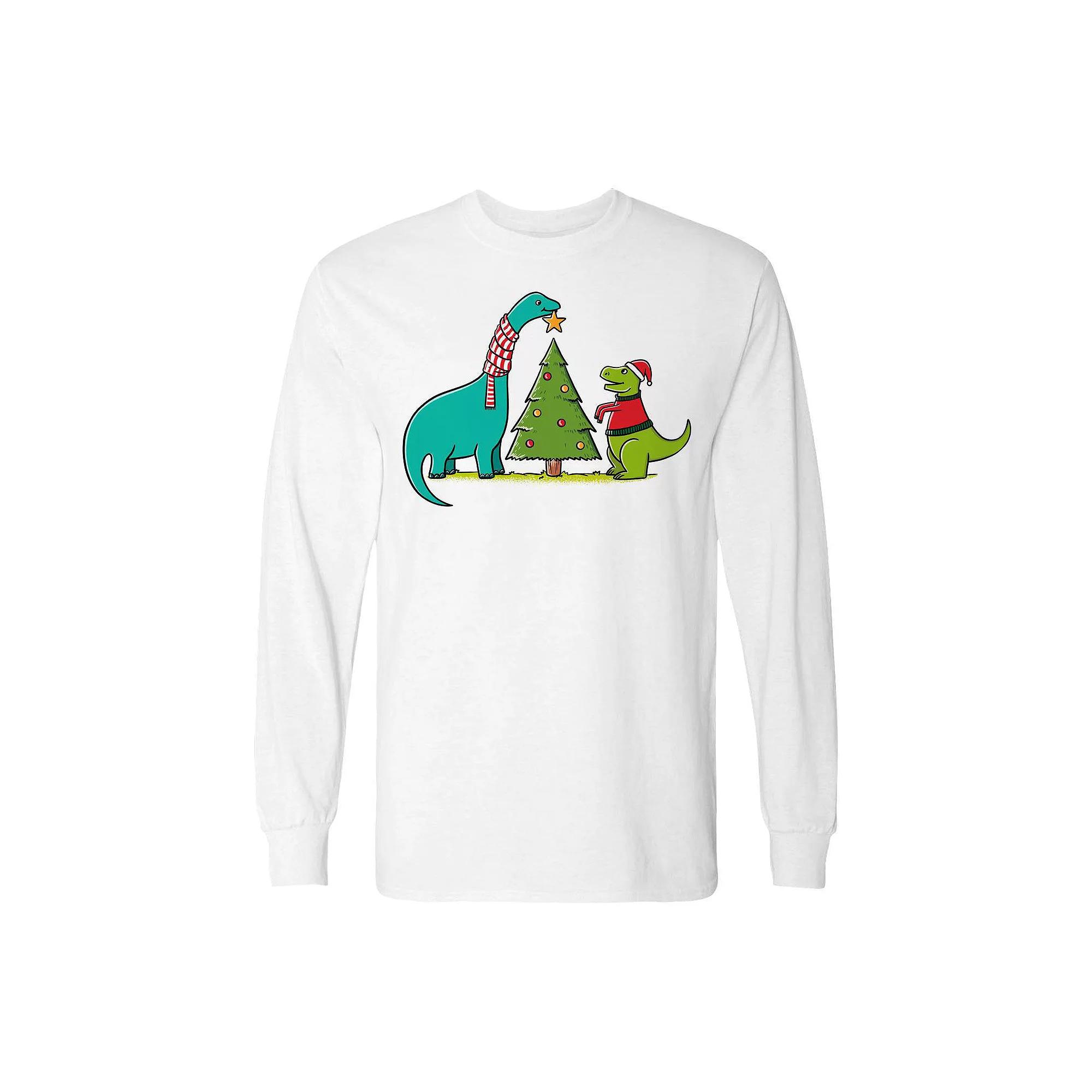 Men's Dinosaurs Christmas Long Sleeve Graphic Tee, Size: Medium, White Product Image