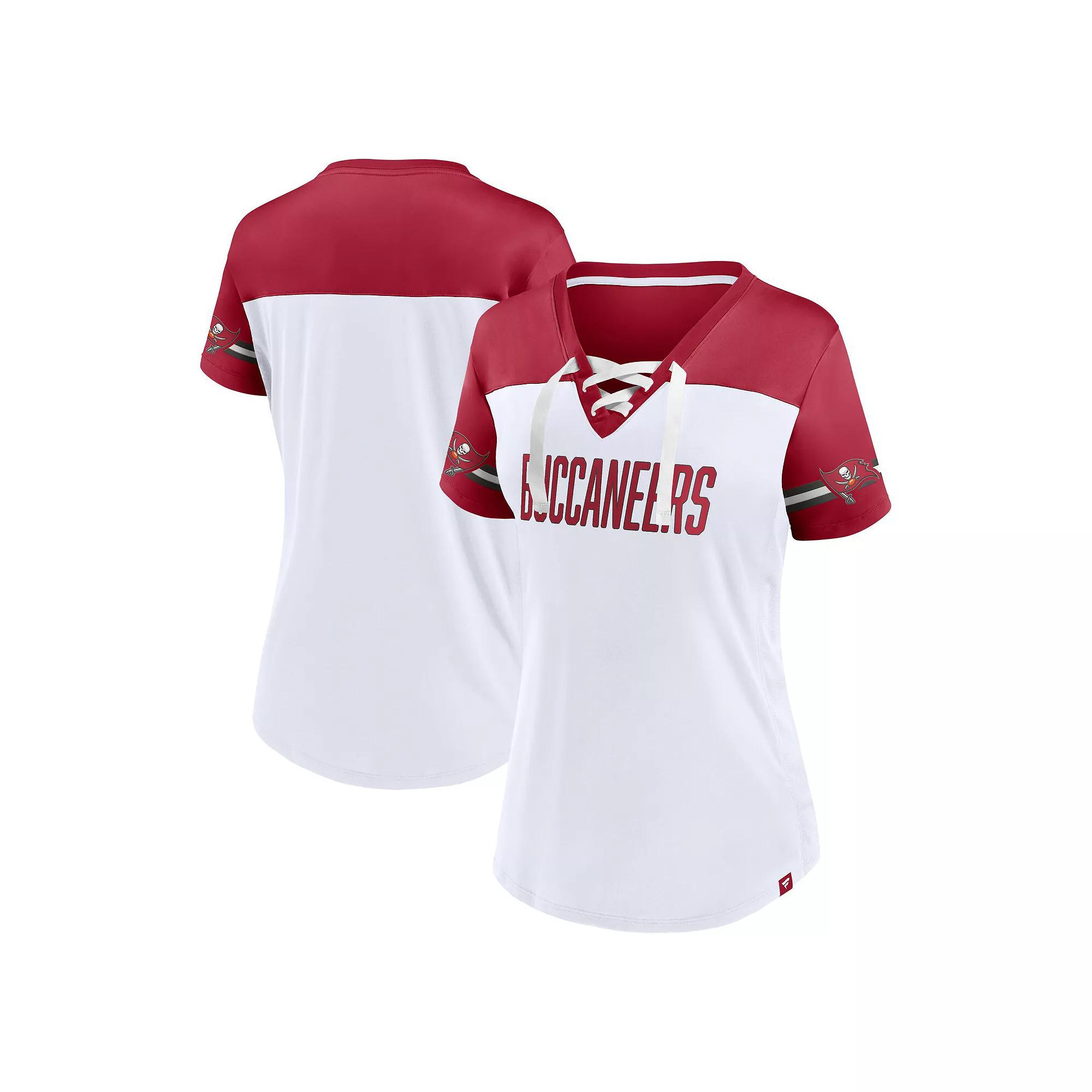 Women's Fanatics Branded White Tampa Bay Buccaneers Dueling Slant V-Neck Lace-Up T-Shirt,  Product Image
