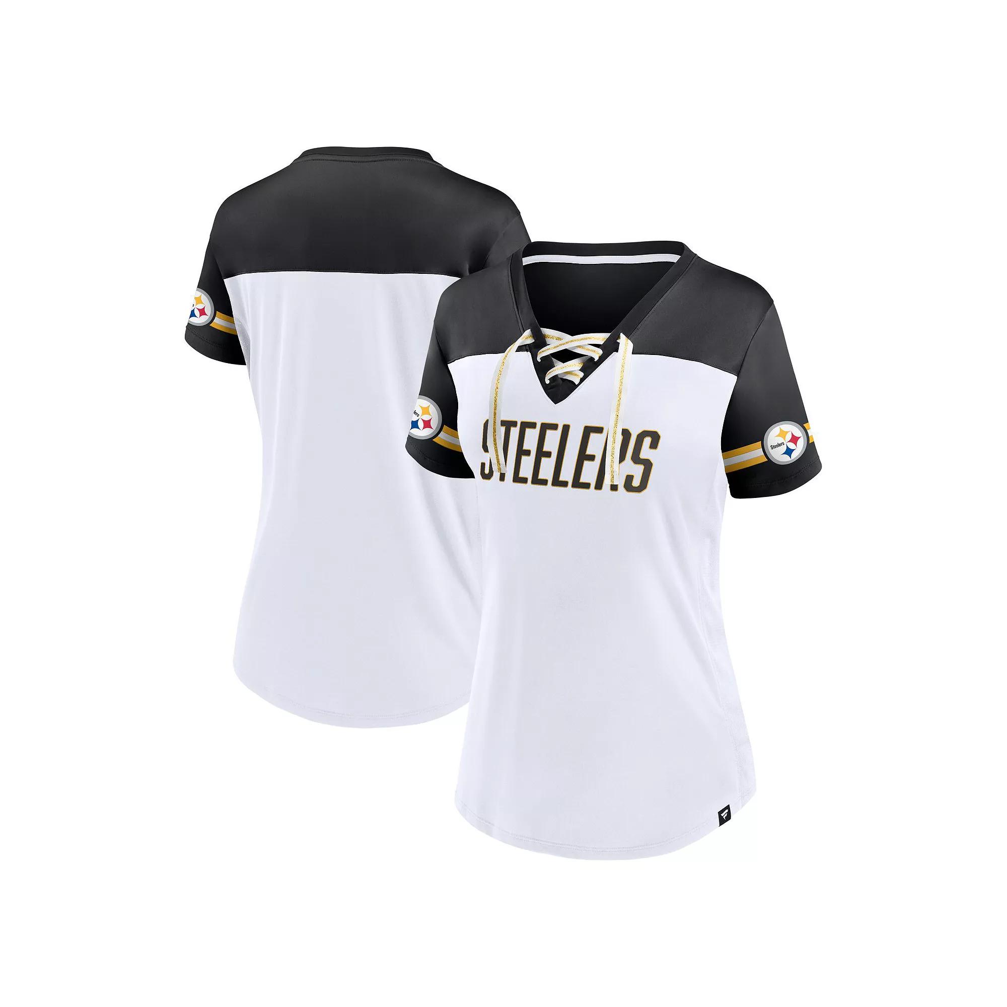 Women's Fanatics White Pittsburgh Steelers Dueling Slant V-Neck Lace-Up T-Shirt,  Product Image