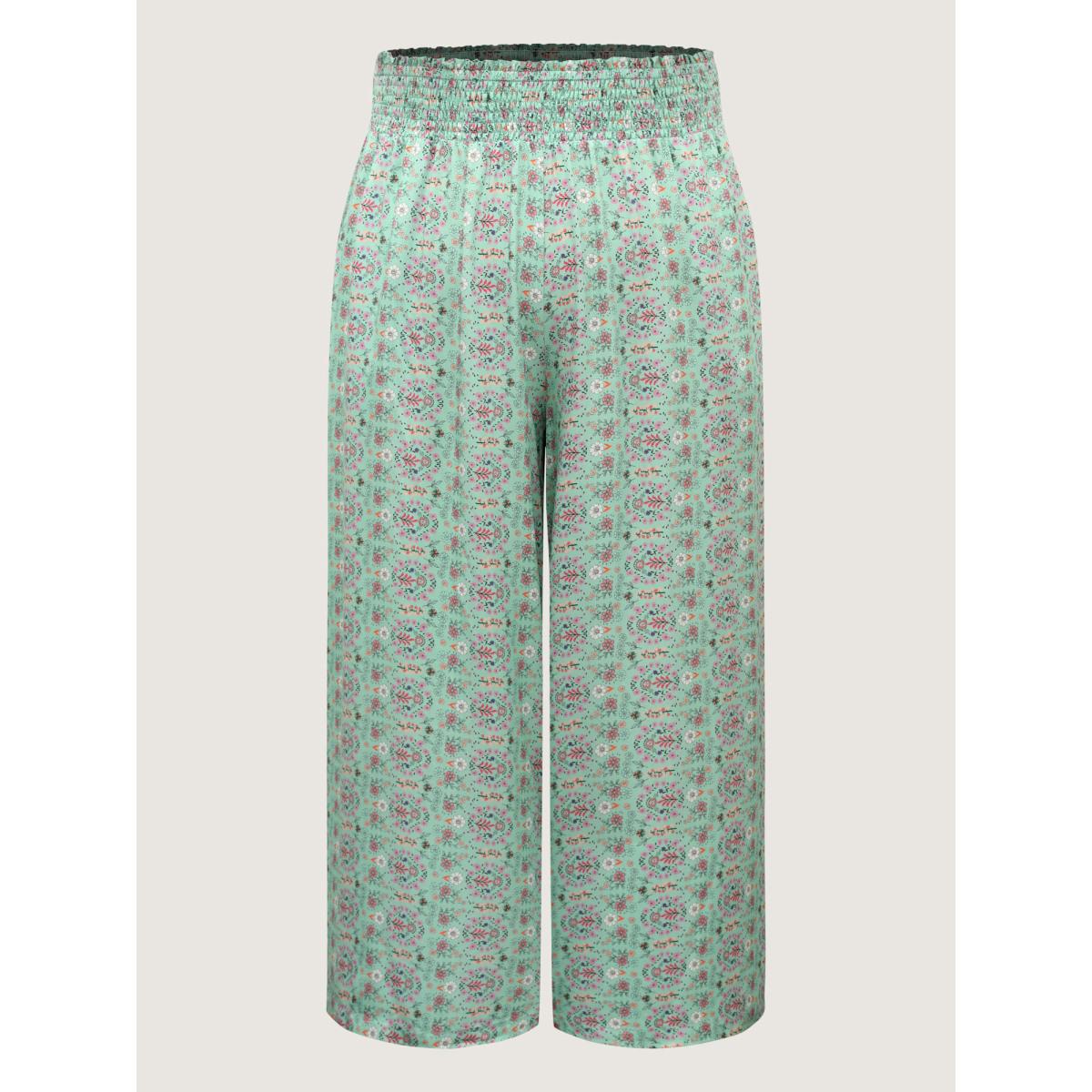 Plus Size Shirred Waist Floral Print Wide-Leg Pants Women Malachitegreen Beach Wide Leg Mid Rise Vacation Pants BloomChic 18-20/2X Product Image