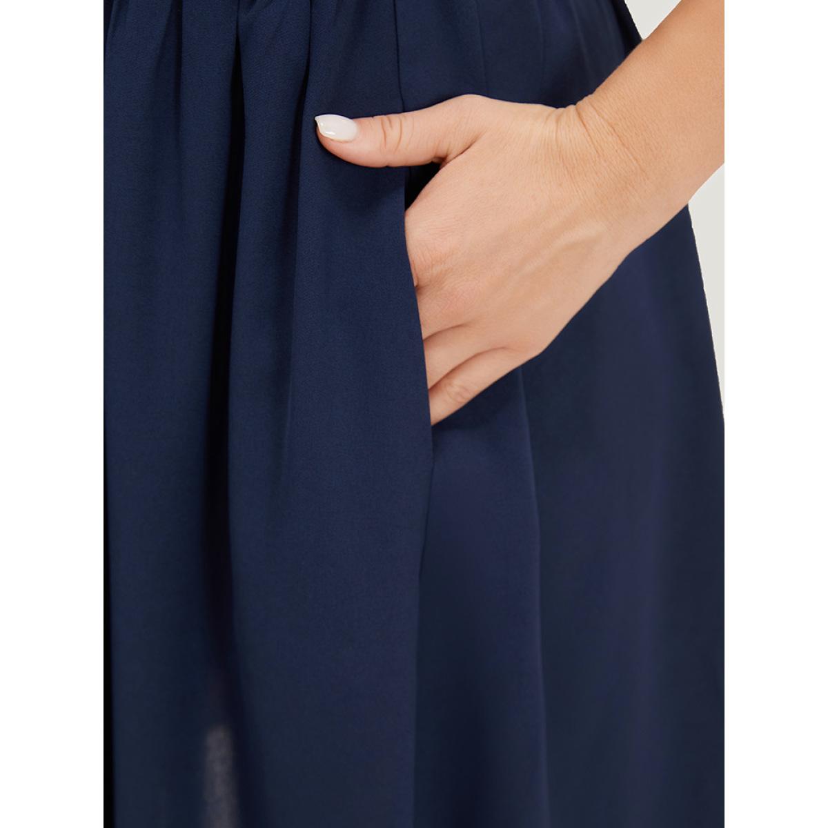 Plus Size Plain Button Detail Pocket Shirred Ruffles Knot Cami Dress Indigo Women Elegant Frill Trim Spaghetti Strap Sleeveless Curvy Knee Dress BloomChic 28/5X Product Image