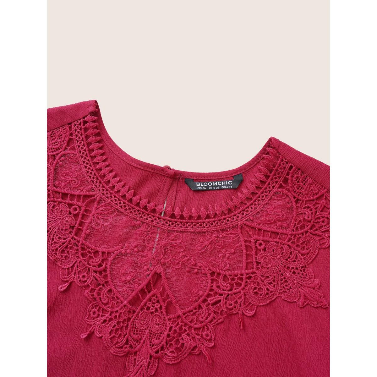 Plus Size Scarlet Lace Patchwork Shirred Crinkle Gauze Blouse Women Elegant Long Sleeve Round Neck Everyday Blouses BloomChic 26/4X Product Image