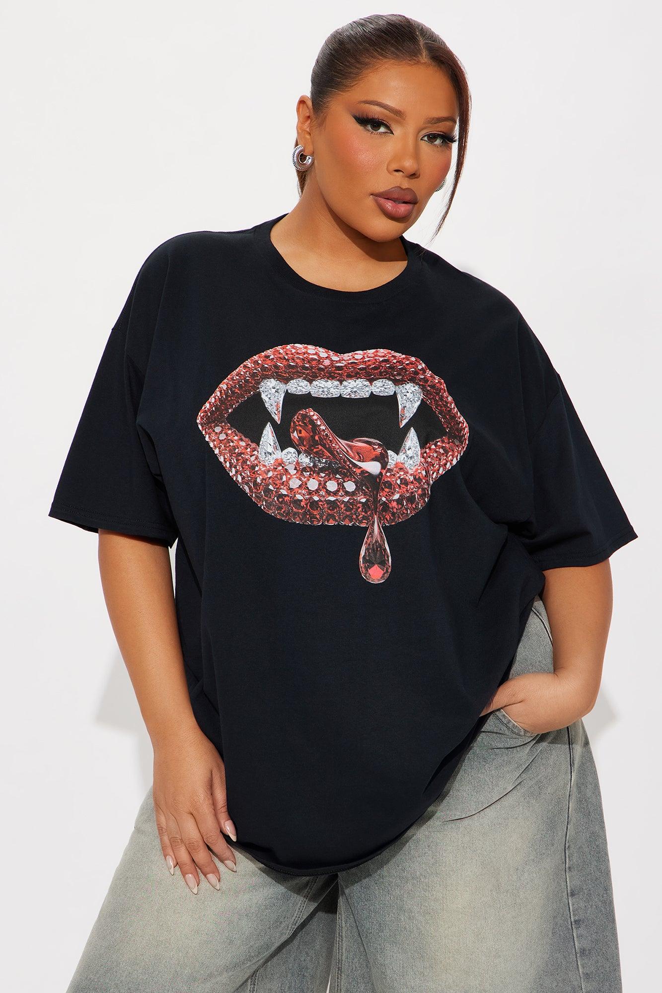 Seductive Lips Rhinestone Tee  - Black Female Product Image