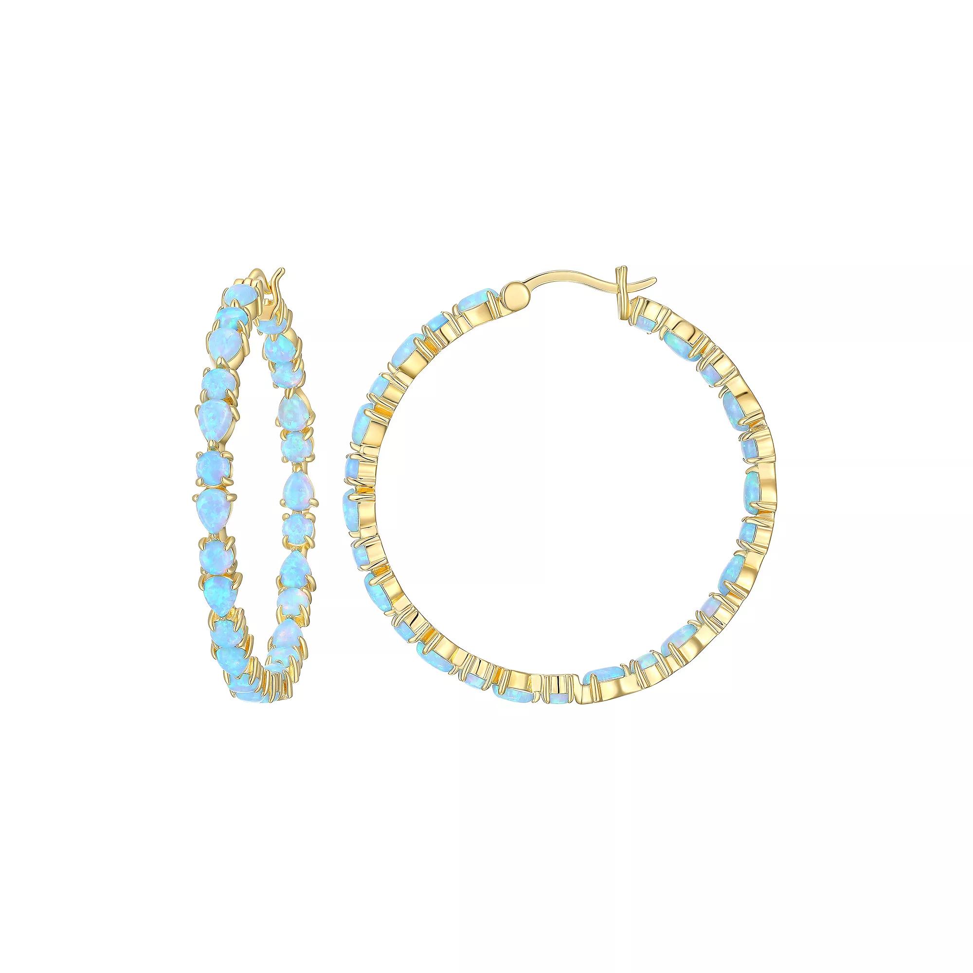 18k Gold Over Sterling Silver Lab-Created Blue Opal Hoop Earrings, Women's, Gold Tone Product Image