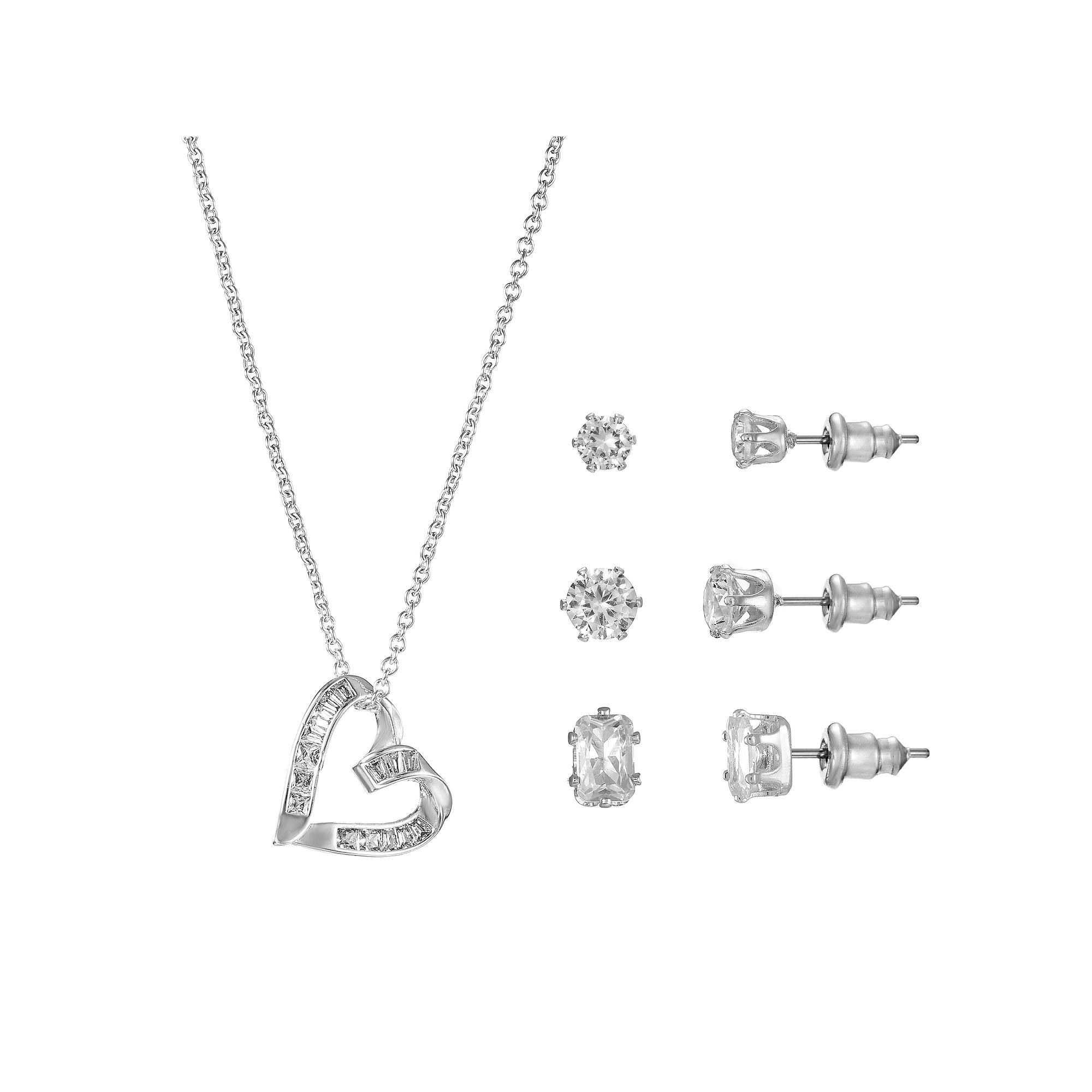 Silver Tone Cubic Zirconia Sideways Heart Pendant Necklace & Stud Earrings Trio Set, Women's, Size: 18+3", Silver Tone Clear Product Image