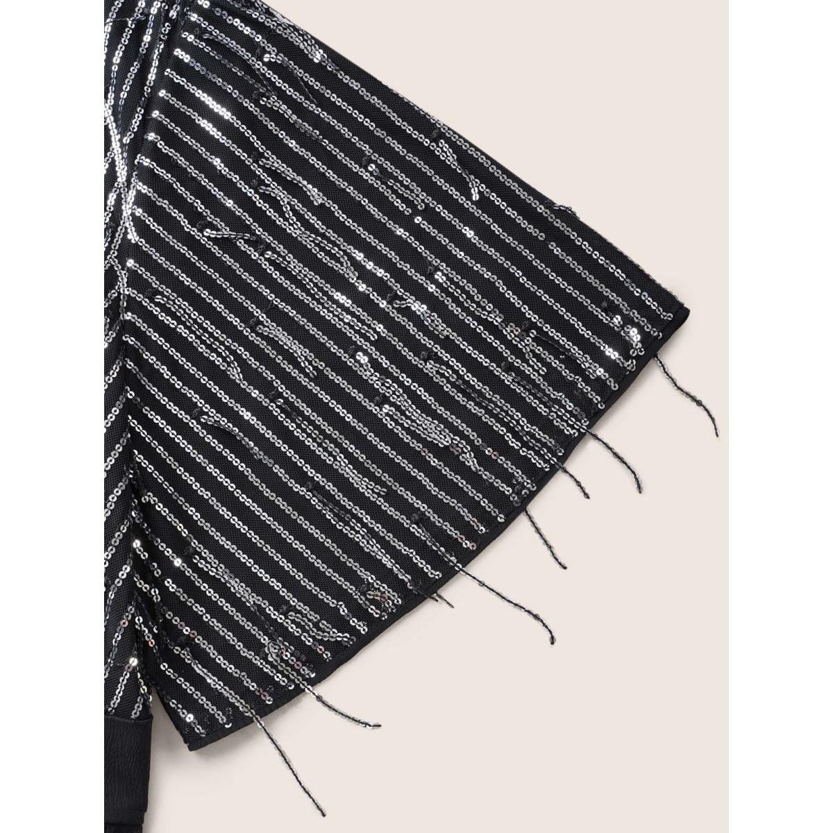 Plus Size Black V Neck Sequins Tassel Detail Wrap Jumpsuit Women Cocktail Short sleeve V-neck Party Loose Jumpsuits BloomChic 18-20/2X Product Image