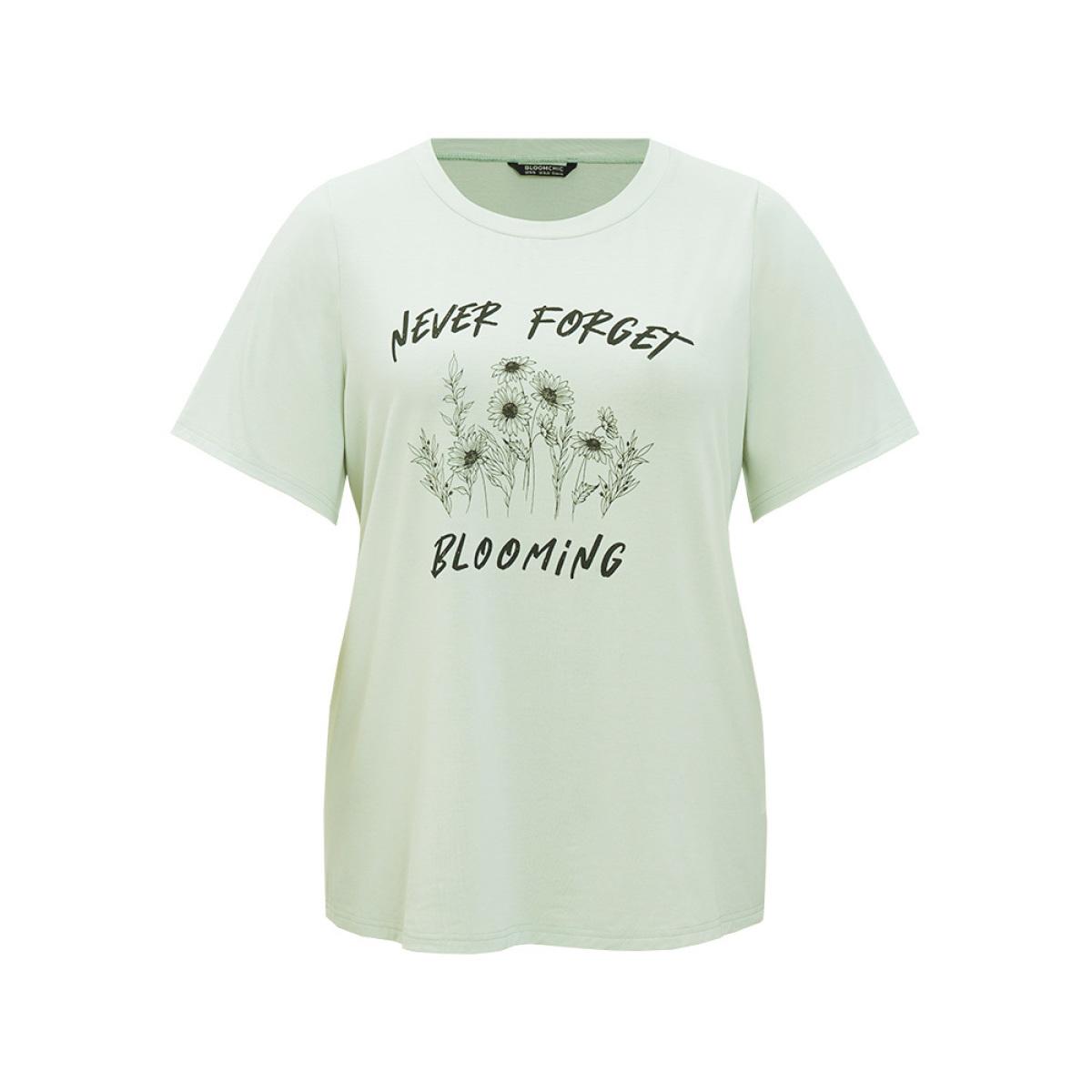 Plus Size Sunflower & Letter Print Slightly Stretchy Short Sleeve T-shirt LightGreen Women Casual Natural Flowers Dailywear T-shirts BloomChic 14-16/1X Product Image