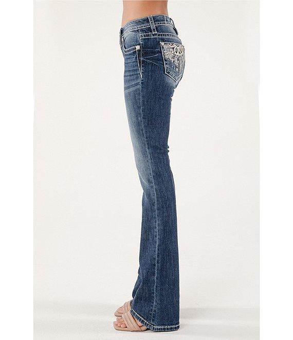 Miss Me Mid Rise Embellished Dreamcatcher Back Pocket Bootcut Jeans Product Image
