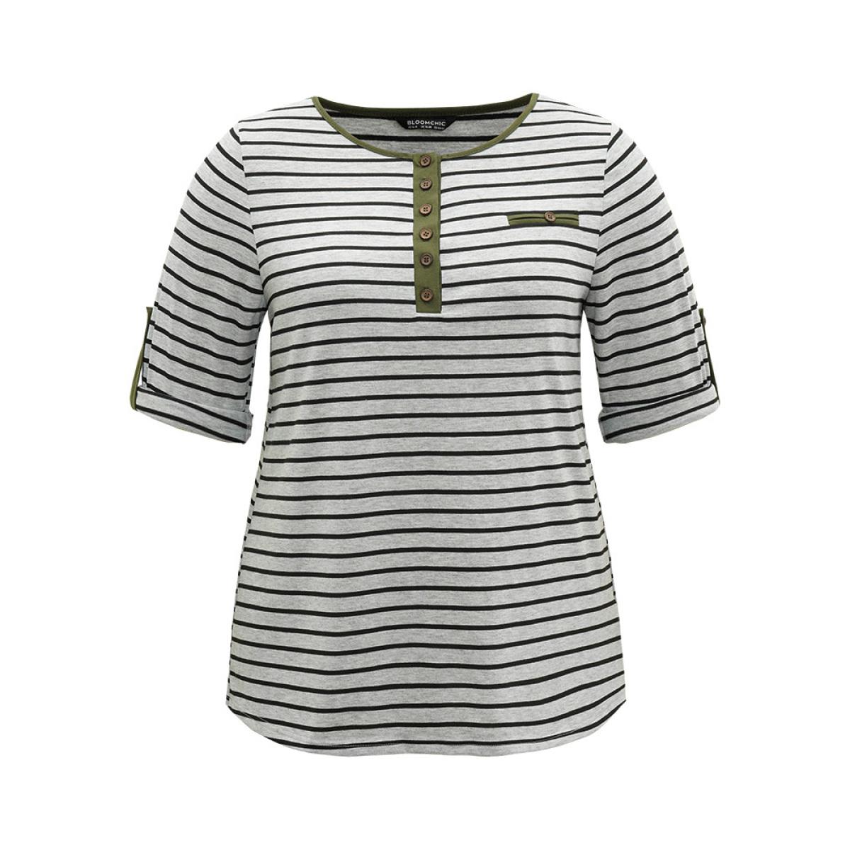 Plus Size Striped Contrast Button Up Tab Sleeve T-shirt Gray Women Casual Contrast Striped Open Front Everyday T-shirts BloomChic 14-16/1X Product Image