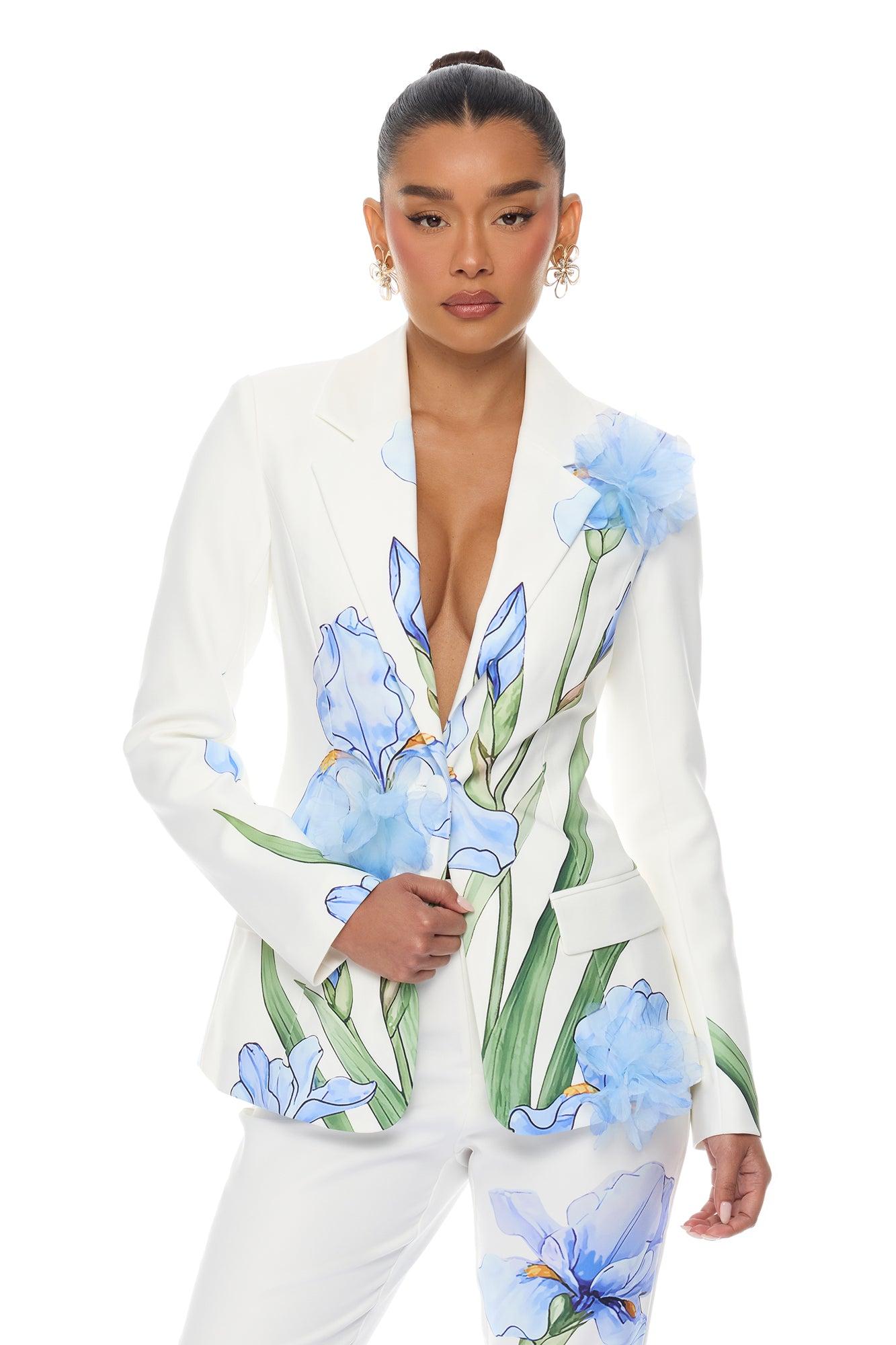 Floral Fantasy Crepe Blazer Pant Set - Blue/combo Female Product Image