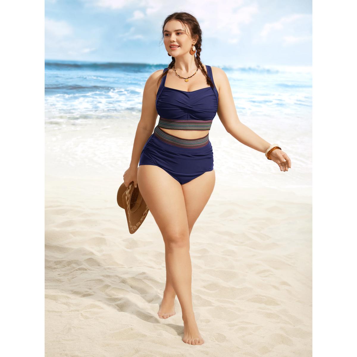 Plus Size Woven Ribbon Gathered High Rise Swim Bottom Women's Swimwear Indigo Resort Woven ribbon&lace trim High stretch Skinny High Rise Curve Swim Bottoms BloomChic 30/6X Product Image