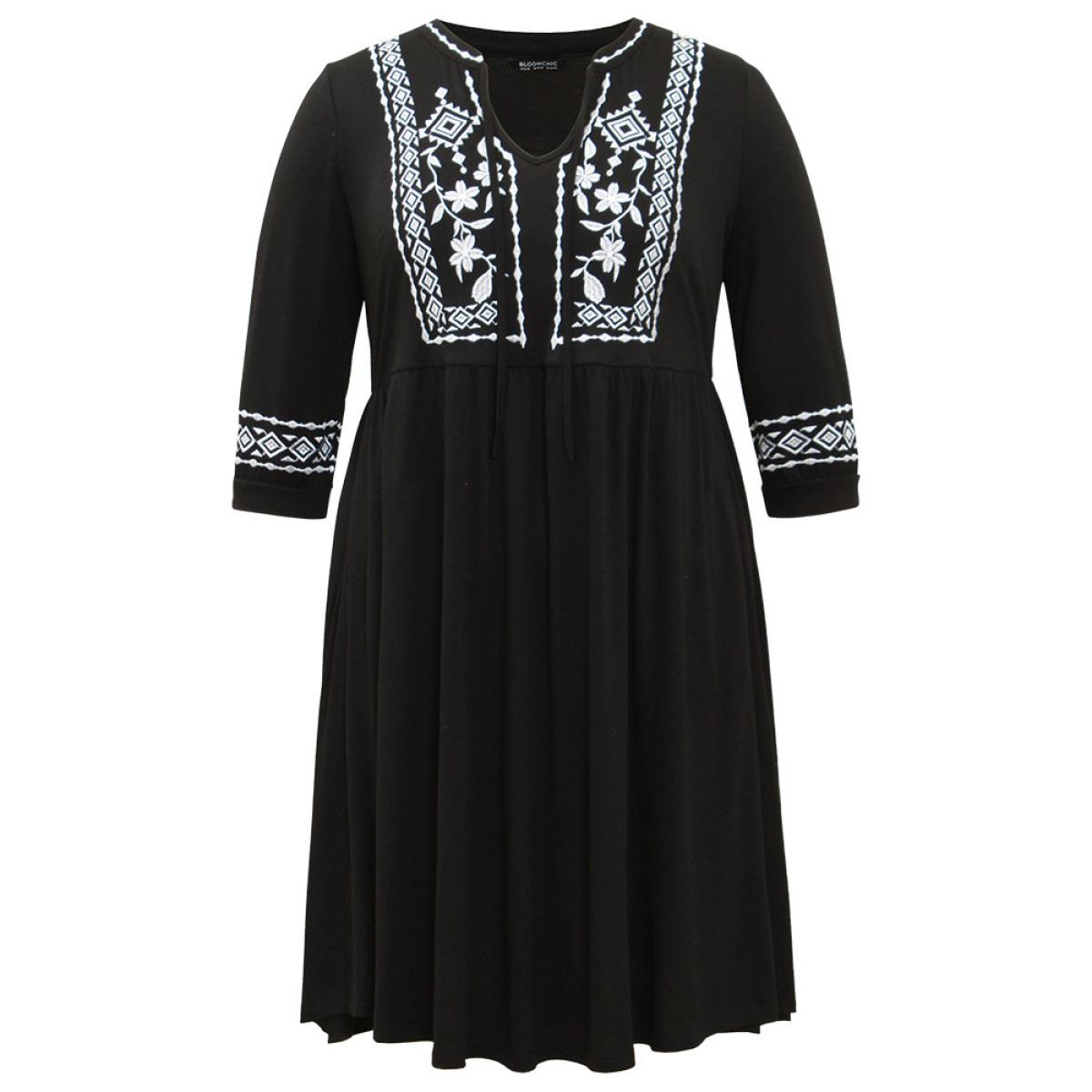 Plus Size Bandana Embroidered Tie Neck Gathered Dress Black Women Vacation Gathered Tie Neck Elbow-length sleeve Curvy Knee Dress BloomChic 26/4X Product Image