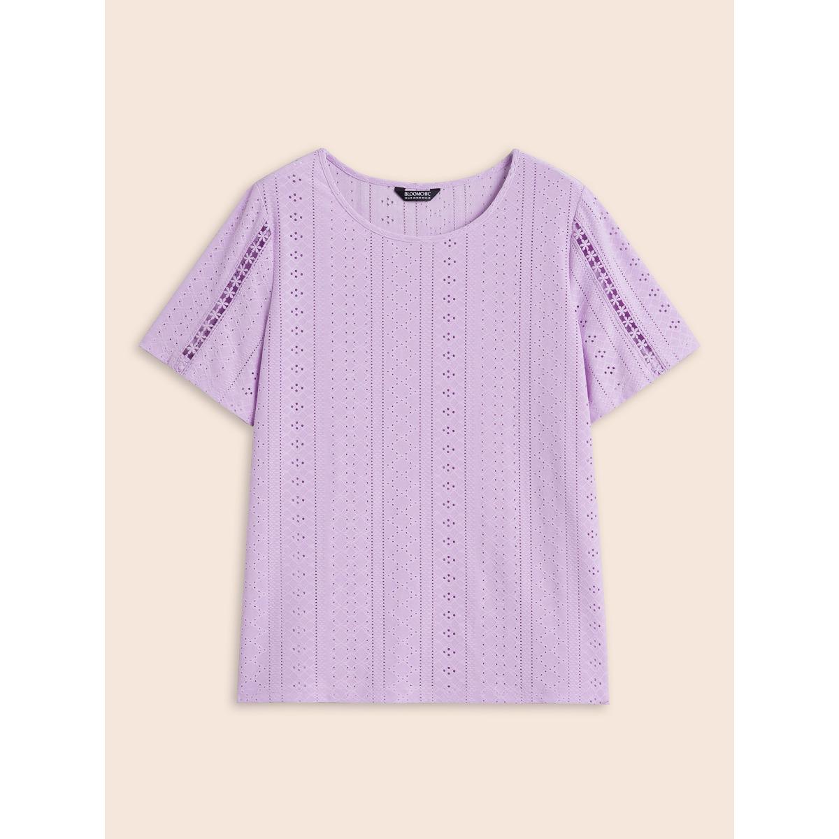 Plus Size Solid Round Neck Broderie Anglaise T-shirt Lavender Women Elegant Woven ribbon&lace trim Round Neck Everyday T-shirts BloomChic 12/L Product Image