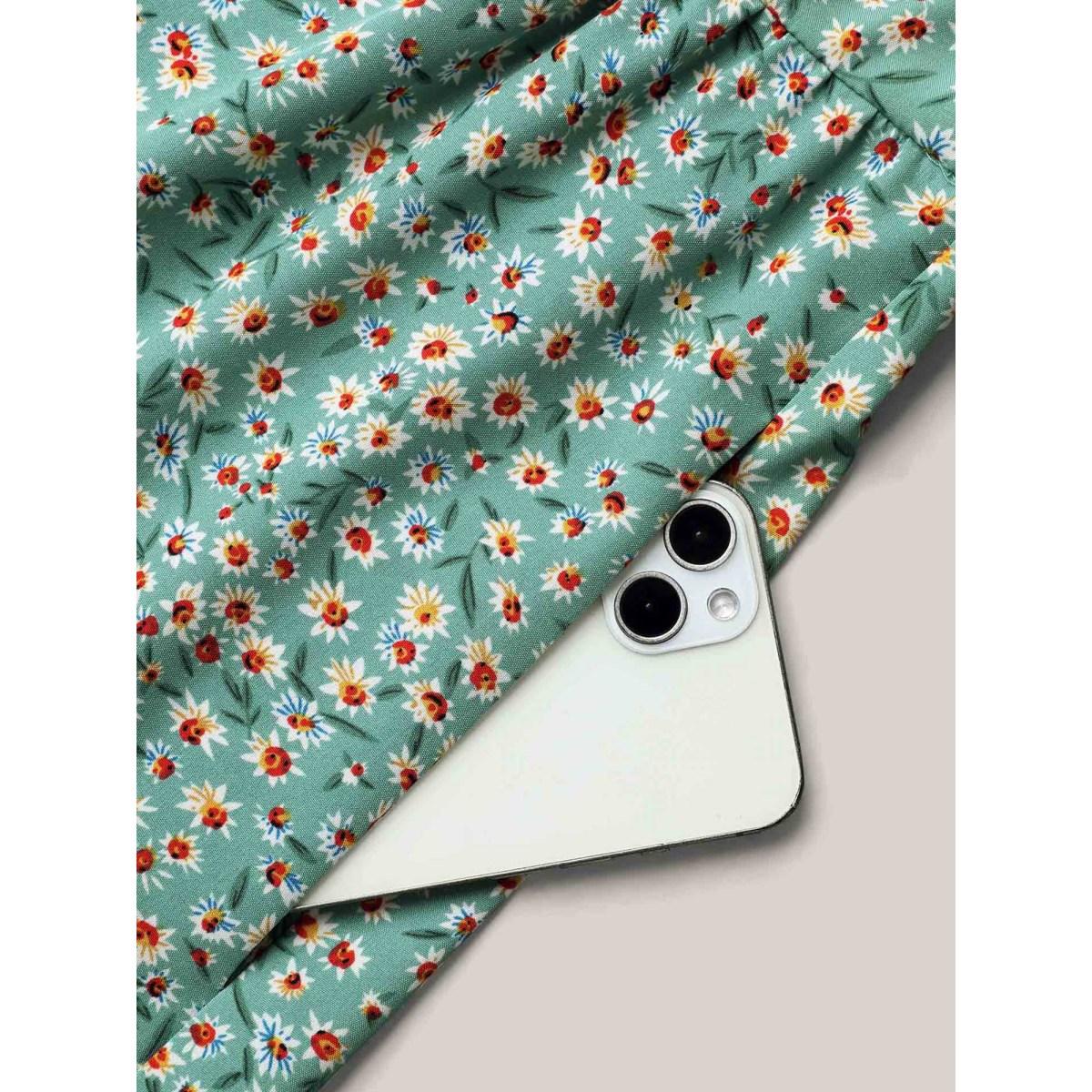 Plus Size Ditsy Floral Print Sweetheart Neckline Tiered Dress Sage Women Elegant Gathered Heart neckline Short sleeve Curvy BloomChic 14-16/1X Product Image