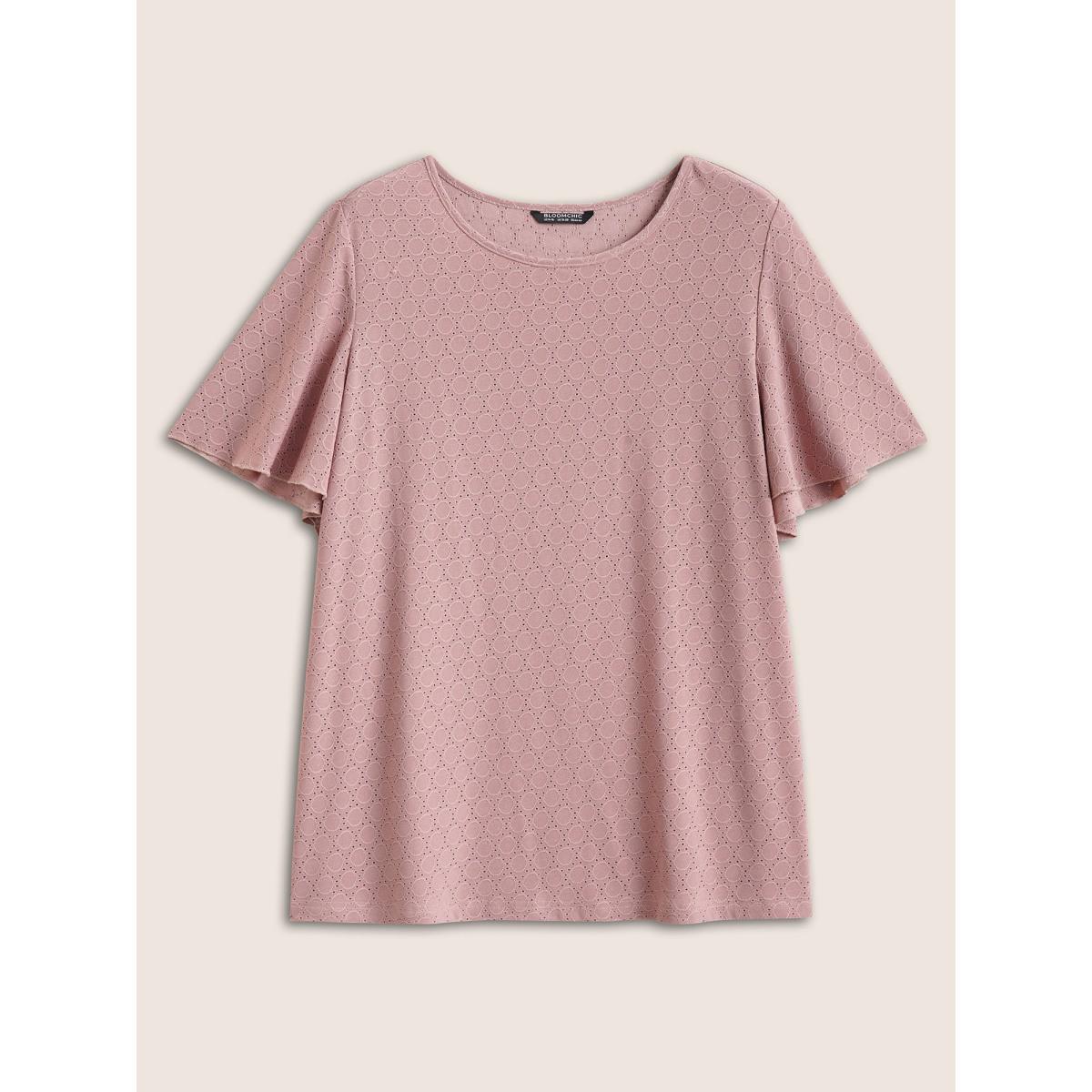 Plus Size Plain Textured Geometric Flutter Sleeve T-shirt Rouge Women Elegant Texture Plain Round Neck Everyday T-shirts BloomChic 18-20/2X Product Image