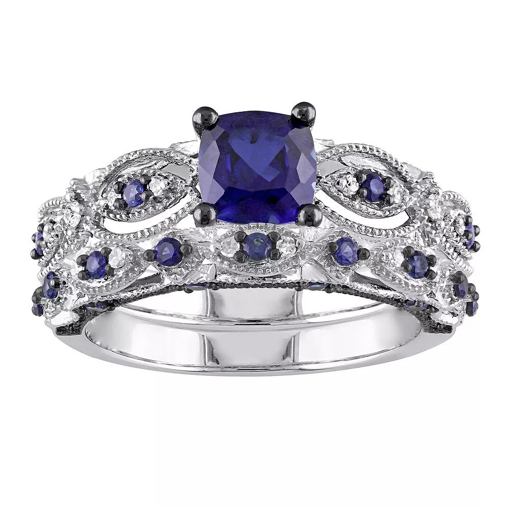 Stella Grace 10k White Gold Lab-Created Sapphire & 1/10 Carat T.W. Diamond Vintage Filigree Engagement Ring Set, Women's, Size: 7 Product Image