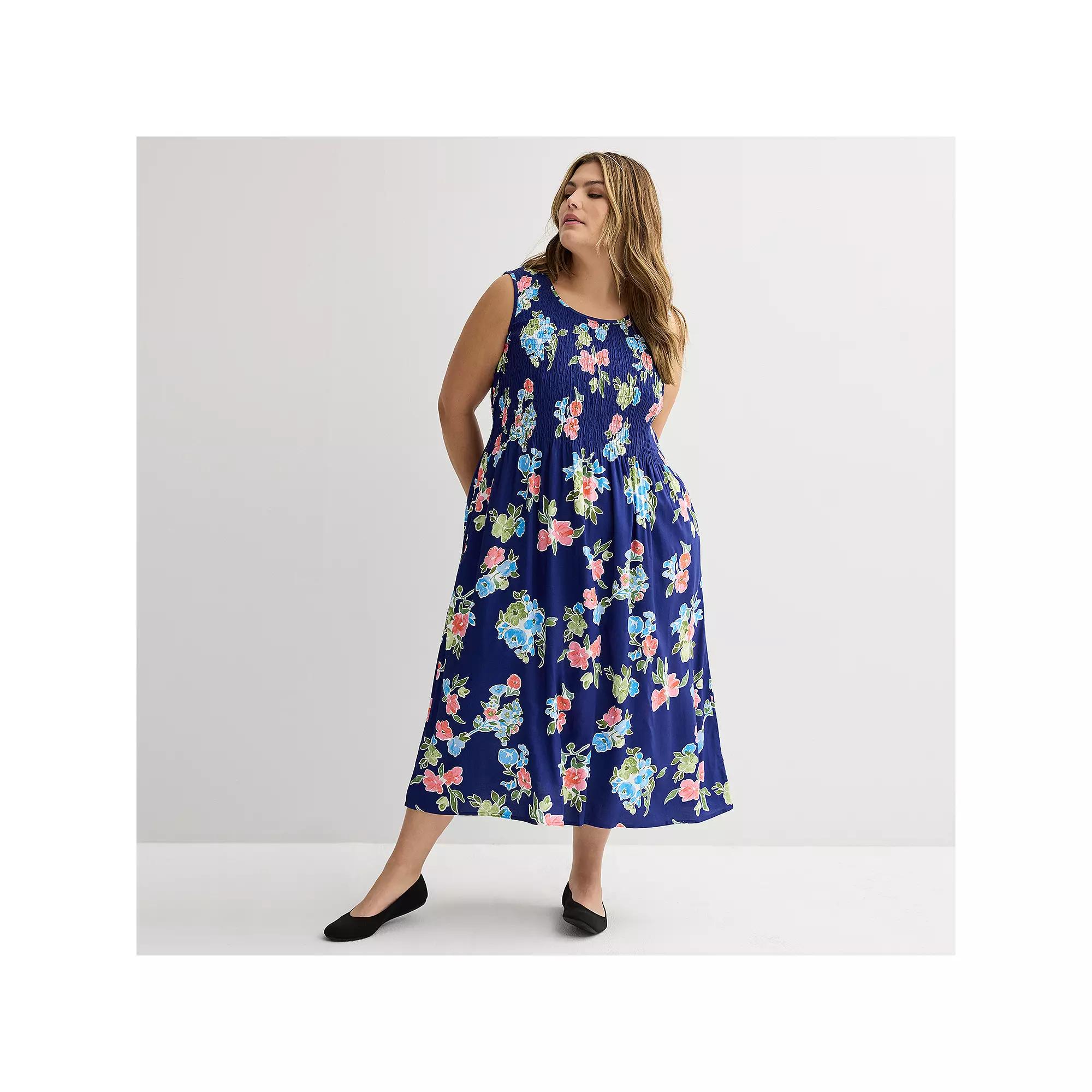 Plus Size Croft & Barrow® Smocked Midi Dress, Women's, Size: 5XL, Blue Floral Wash Product Image