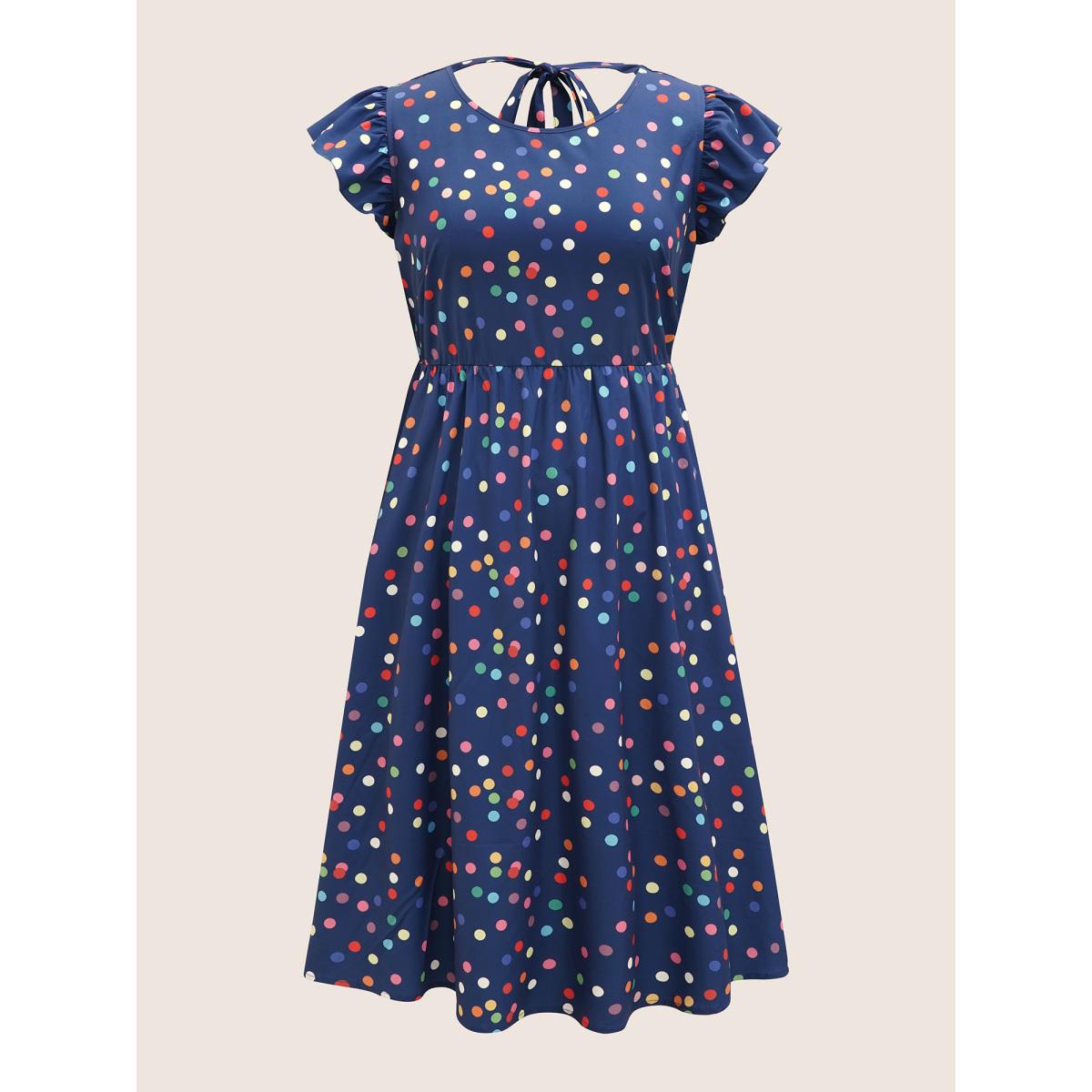 Plus Size Colored Polka Dot Tie Knot Ruffle Cap Sleeve Dress DarkBlue Women Casual Tie knot Round Neck Cap Sleeve Curvy BloomChic 12/L Product Image