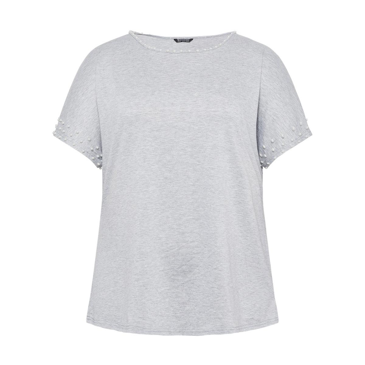 Plus Size Plain Heather Pearl Beaded Crew Neck T-shirt Gray Women Elegant Beaded Plain Round Neck Dailywear T-shirts BloomChic 12/L Product Image