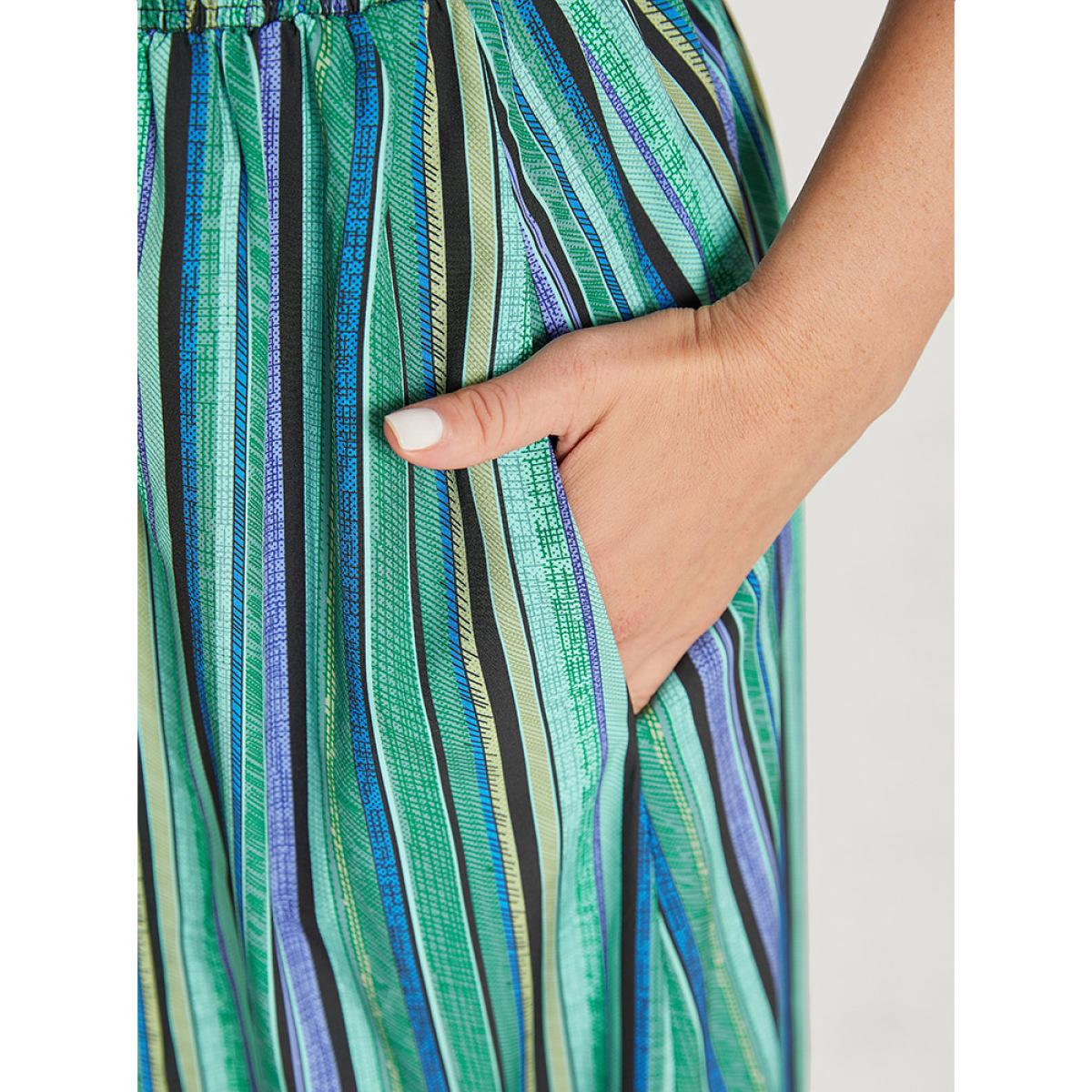 Plus Size Striped Contrast Pocket Knot Shirred Batwing Sleeve Dress Green Women Vacation Gathered V-neck Short sleeve Curvy Midi Dress BloomChic 10/M Product Image