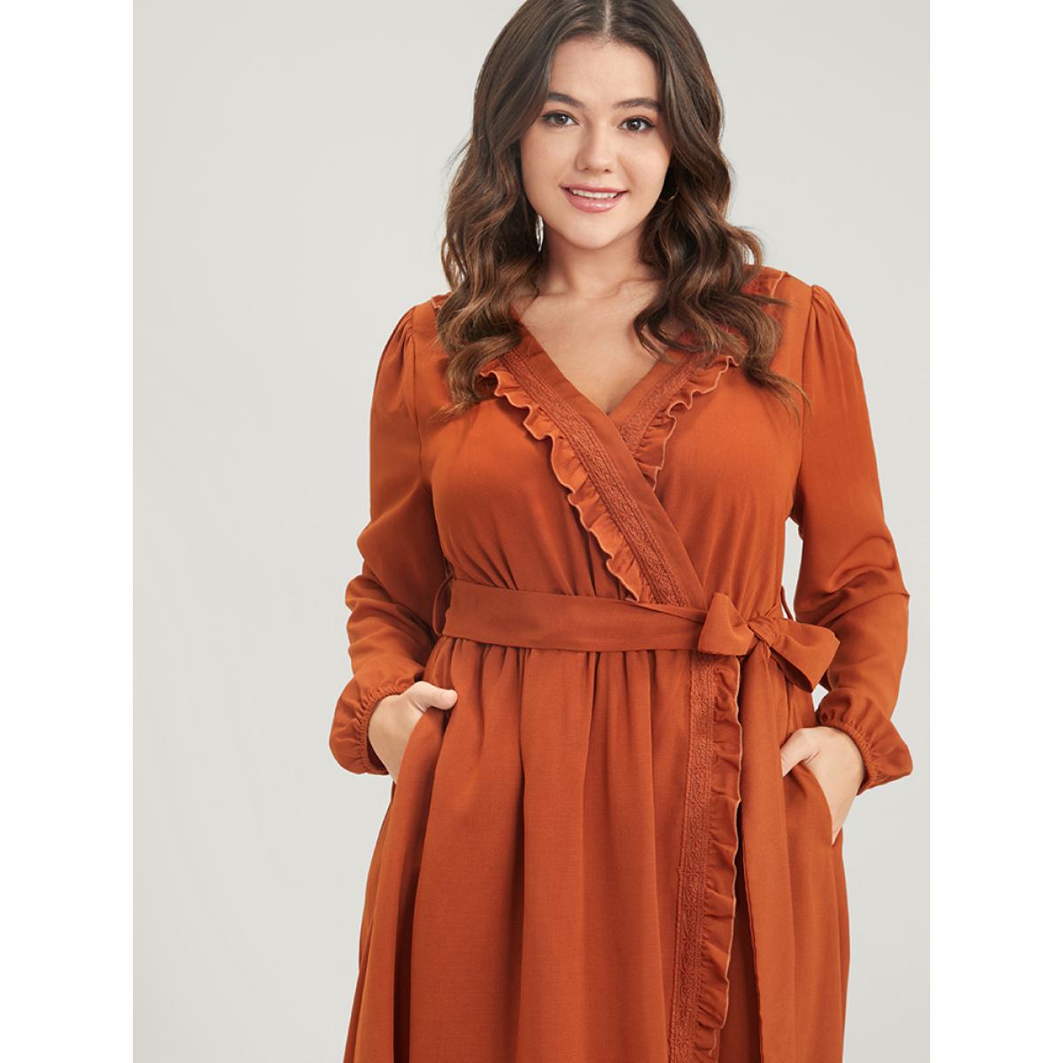 Plus Size Solid Lantern Sleeve Pocket Frill Trim Wrap Belted Dress Rust Women Elegant Plain V-neck Long Sleeve Curvy Long Dress BloomChic 18-20/2X Product Image