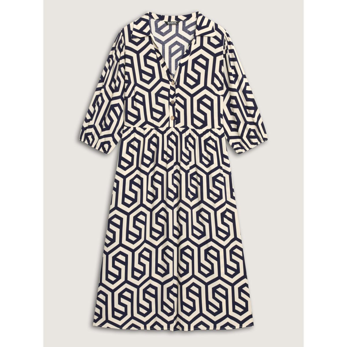 Plus Size Rayon Geometric Pattern Button Midi Dress DarkBlue Women Shirt collar Elbow-length sleeve Curvy BloomChic 22-24/3X Product Image
