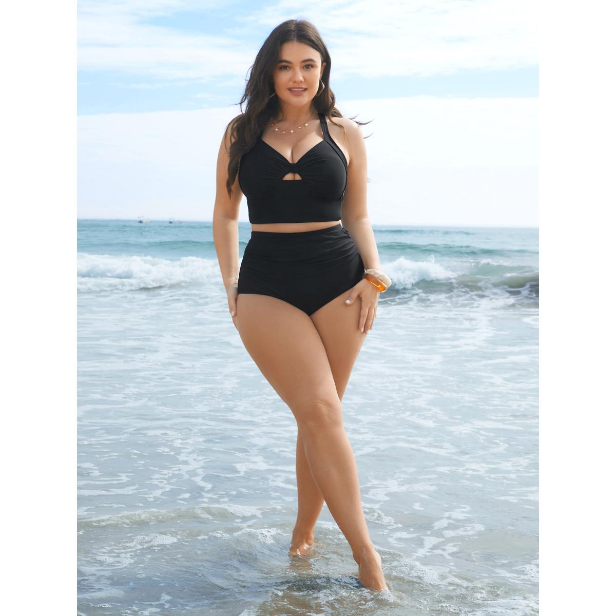 Plus Size High Rise Ruched Plain Swim Bottoms Women's Swimwear Black Resort Gathered High stretch Skinny High Rise Curve Swim Bottoms BloomChic 12/L Product Image