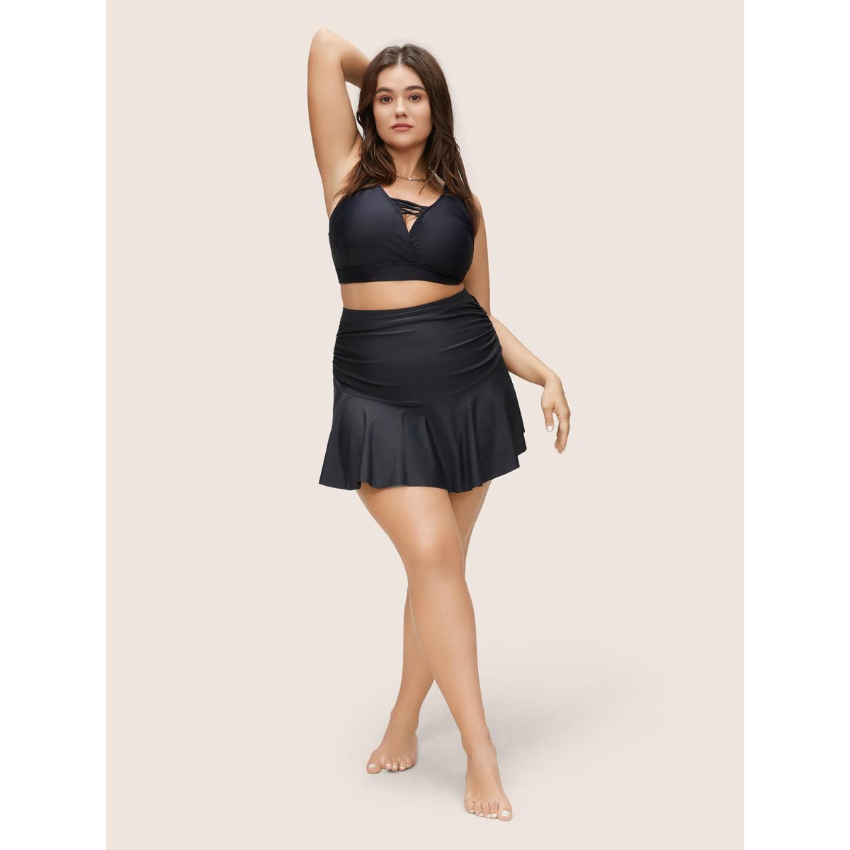 Plus Size Plain Ruched Elastic Waist Ruffle Hem Swim Bottom Women's Swimwear Black Beach Non High stretch Bodycon High Rise Curve Swim Bottoms BloomChic 14-16/1X Product Image