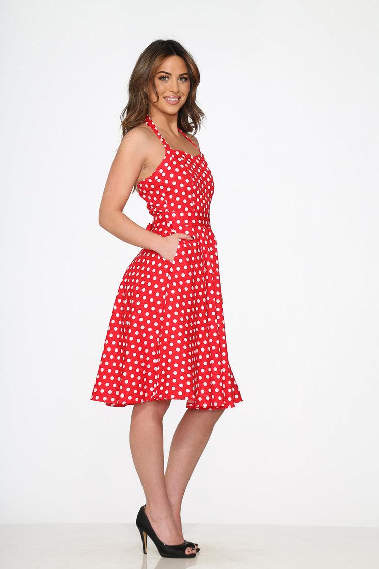 Red & White Polka Dot Halter Dress Product Image