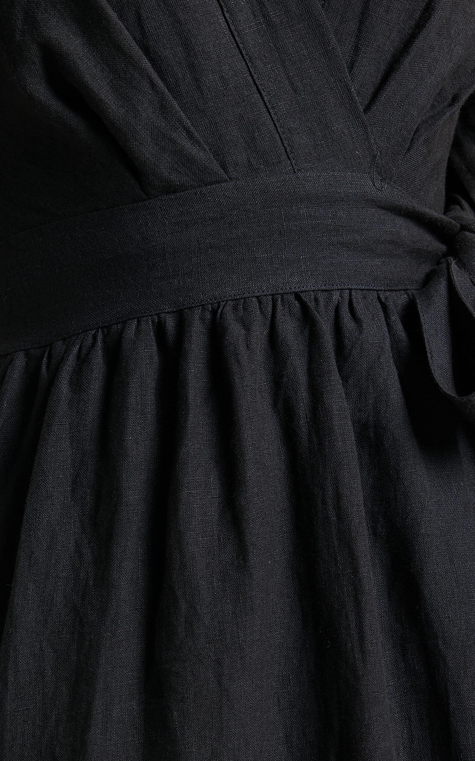 Amalie The Label - Franc Linen Puff Sleeve Wrap Midi Linen Dress in Black Product Image